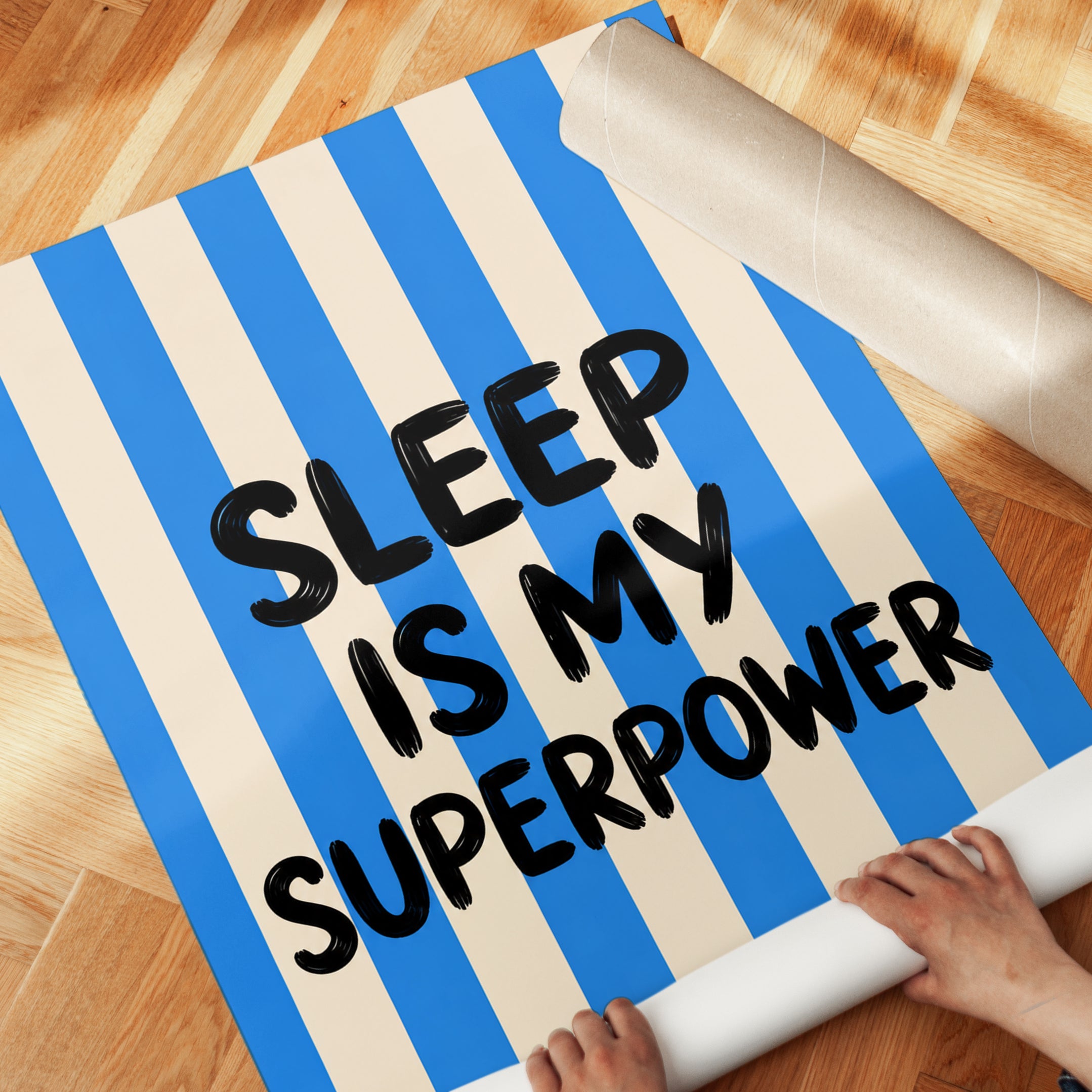 Sleep Is My Superpower Print: Bold Blue Stripes Typography - detail