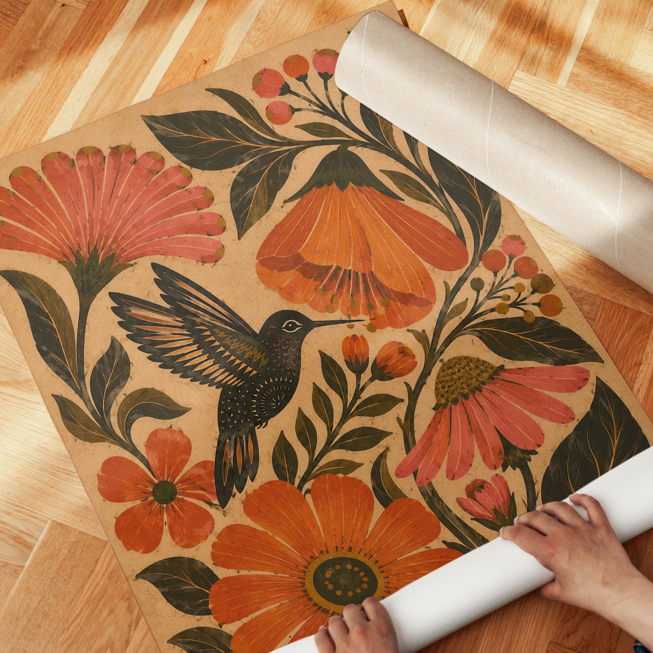 Folk Art Bird and Floral Print — Vintage Botanical Illustration - detail