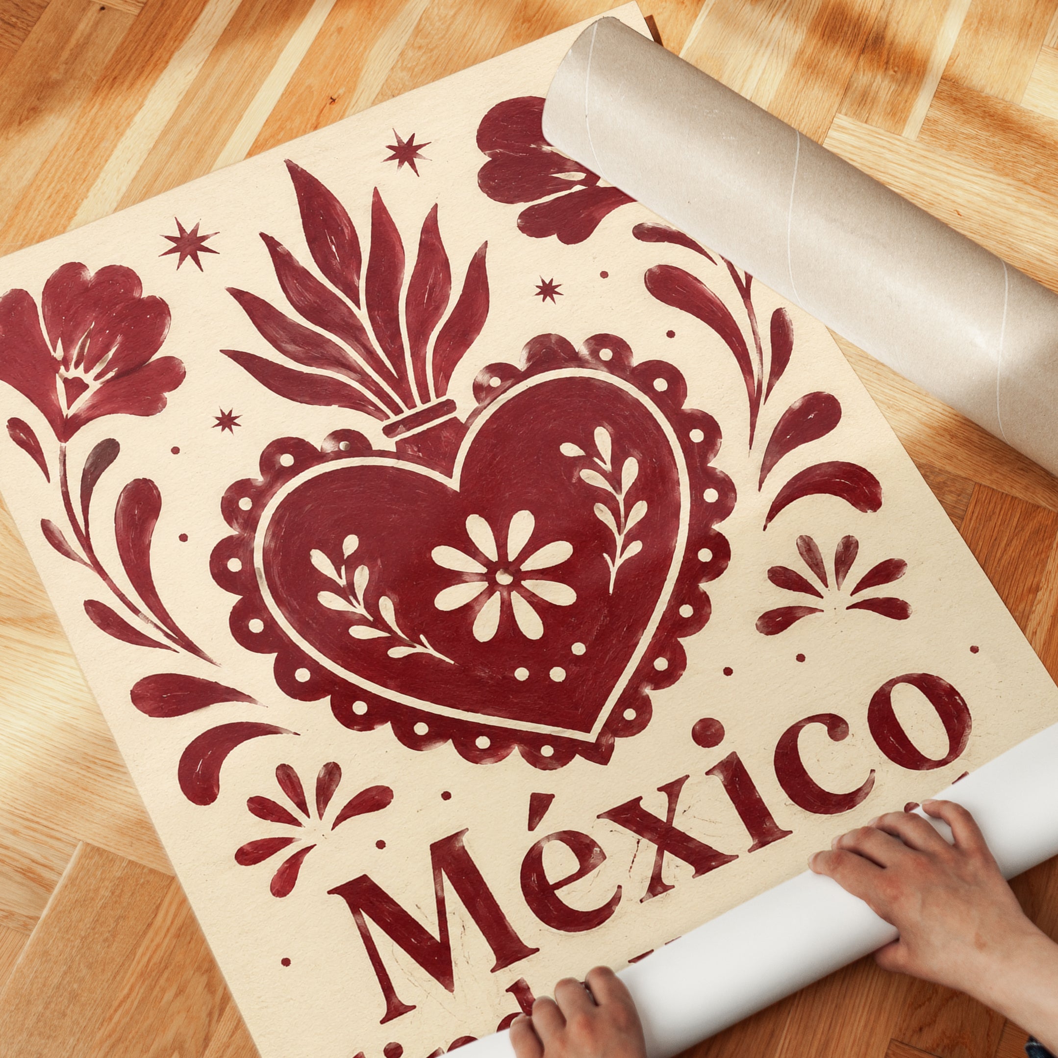 Mexico Lindo Y Querido Folk Art Print: Red Heart Floral Design - detail