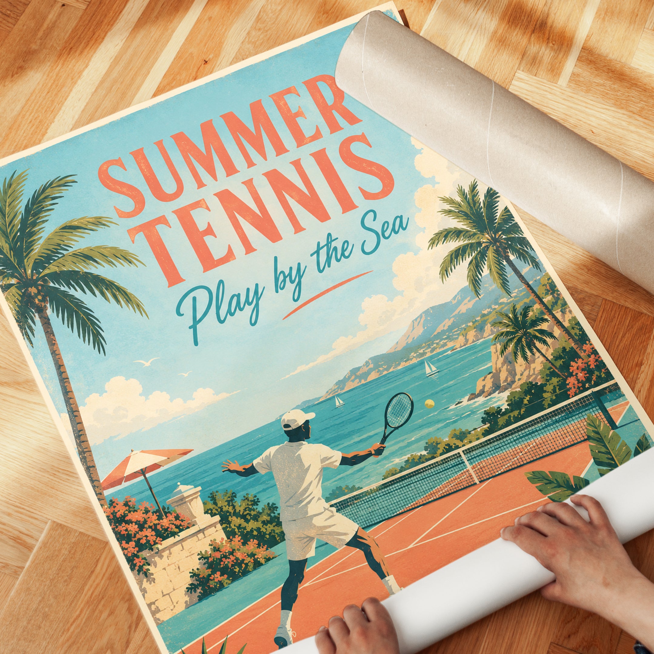 Summer Tennis Poster: Vintage Coastal Sports Wall Art - detail
