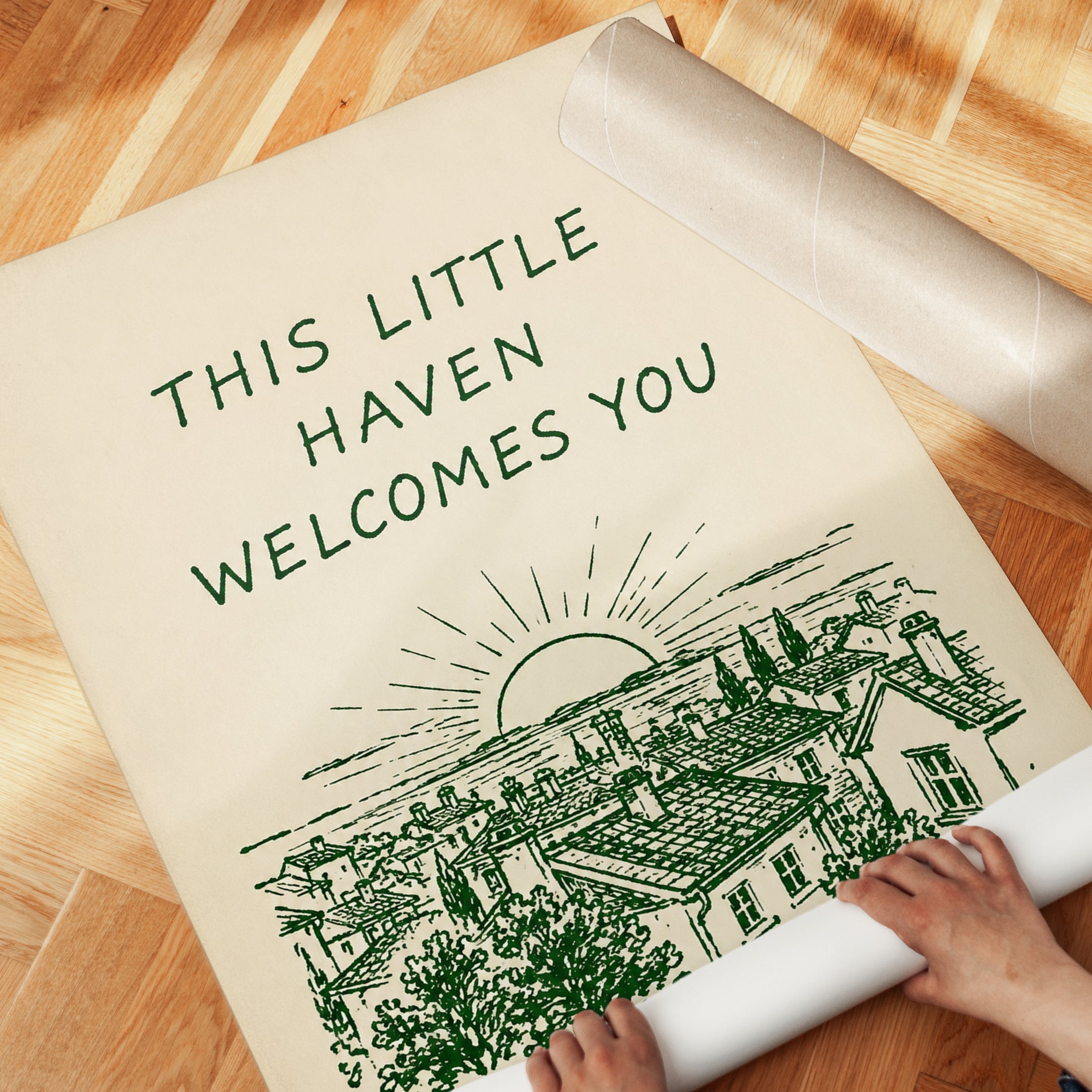 This Little Haven Welcomes You: Vintage Village Sunset Print - detail