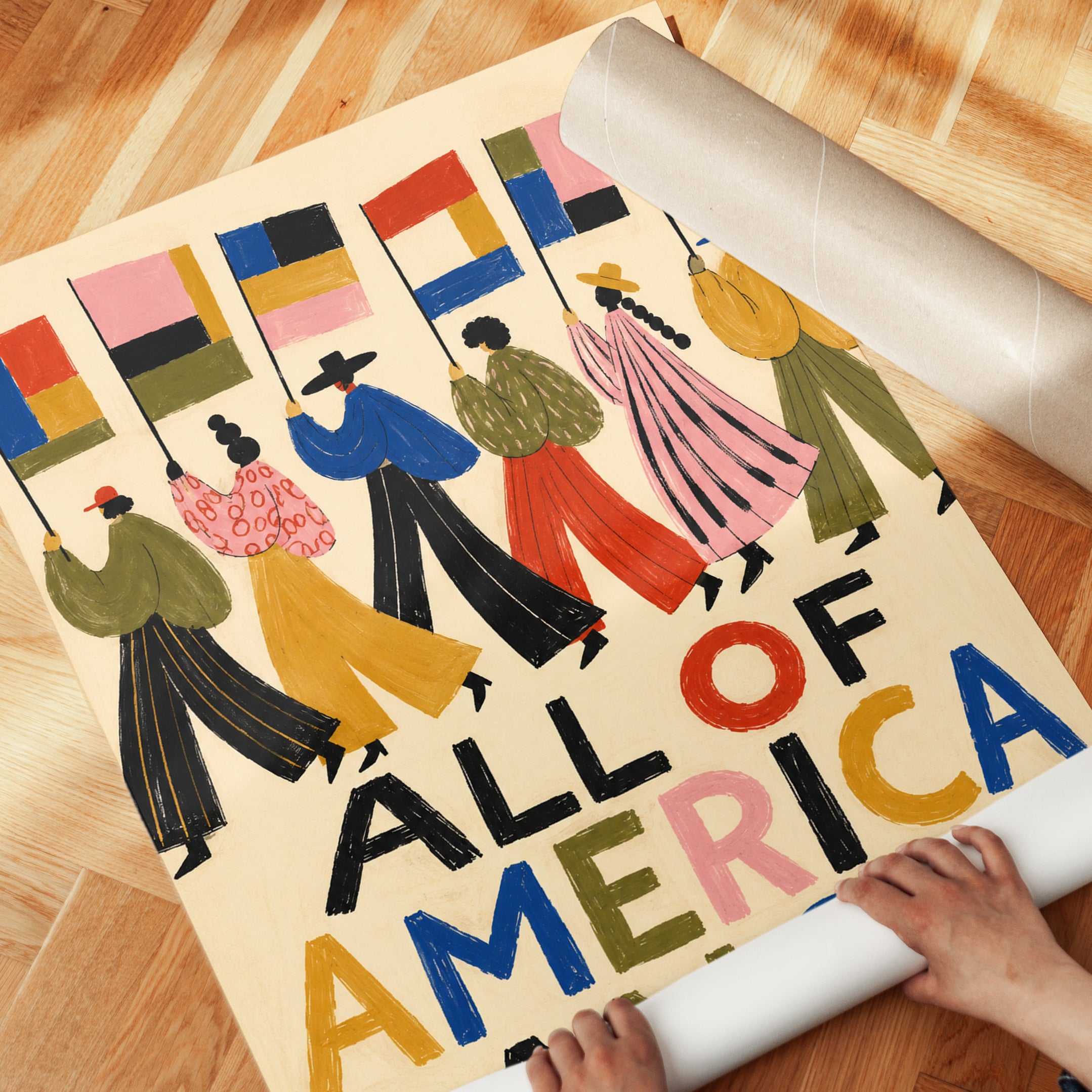 All of America Danced Print: Folk Art Parade with Colorful Flags - detail
