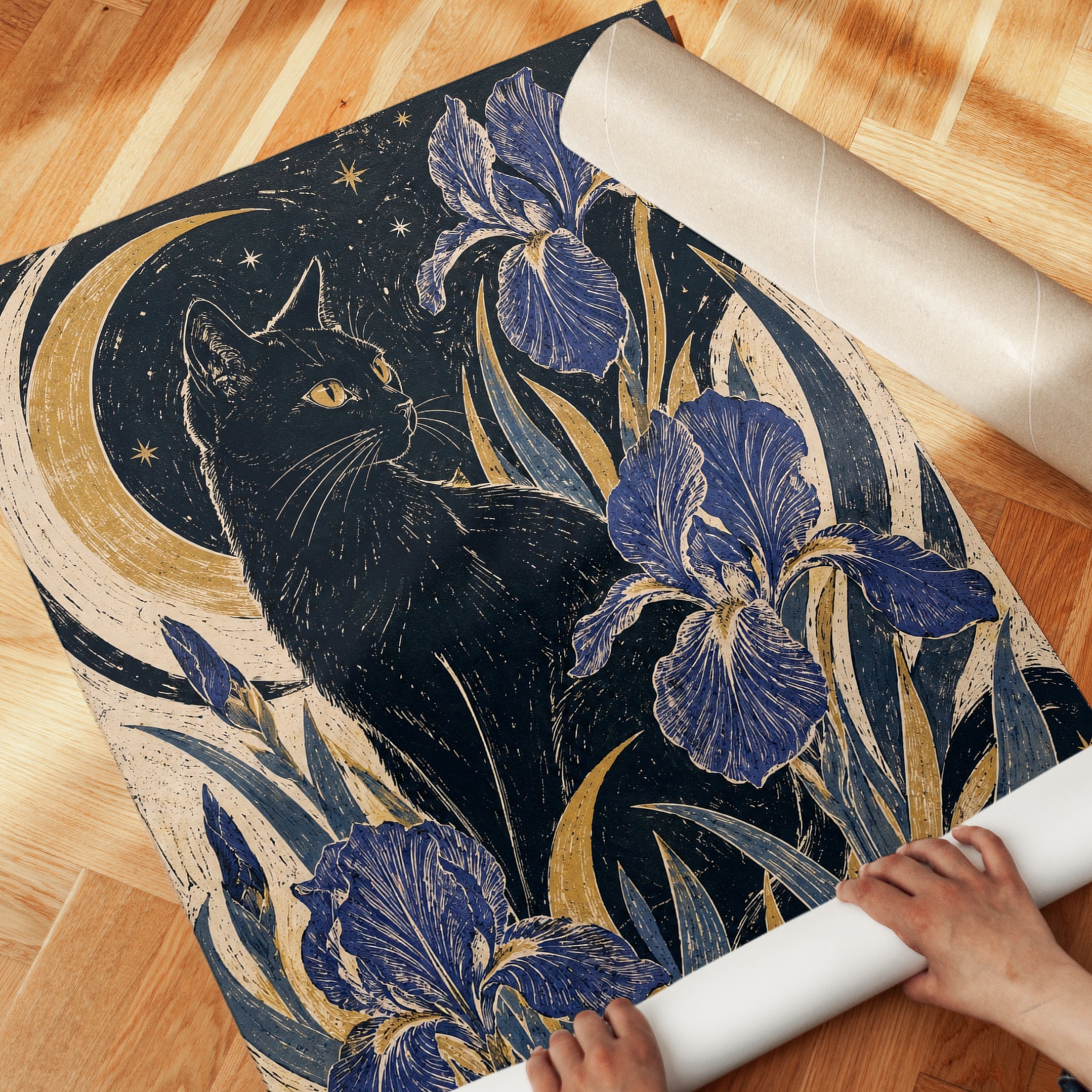 Black Cat and Iris Print — Art Nouveau Moon & Stars - detail