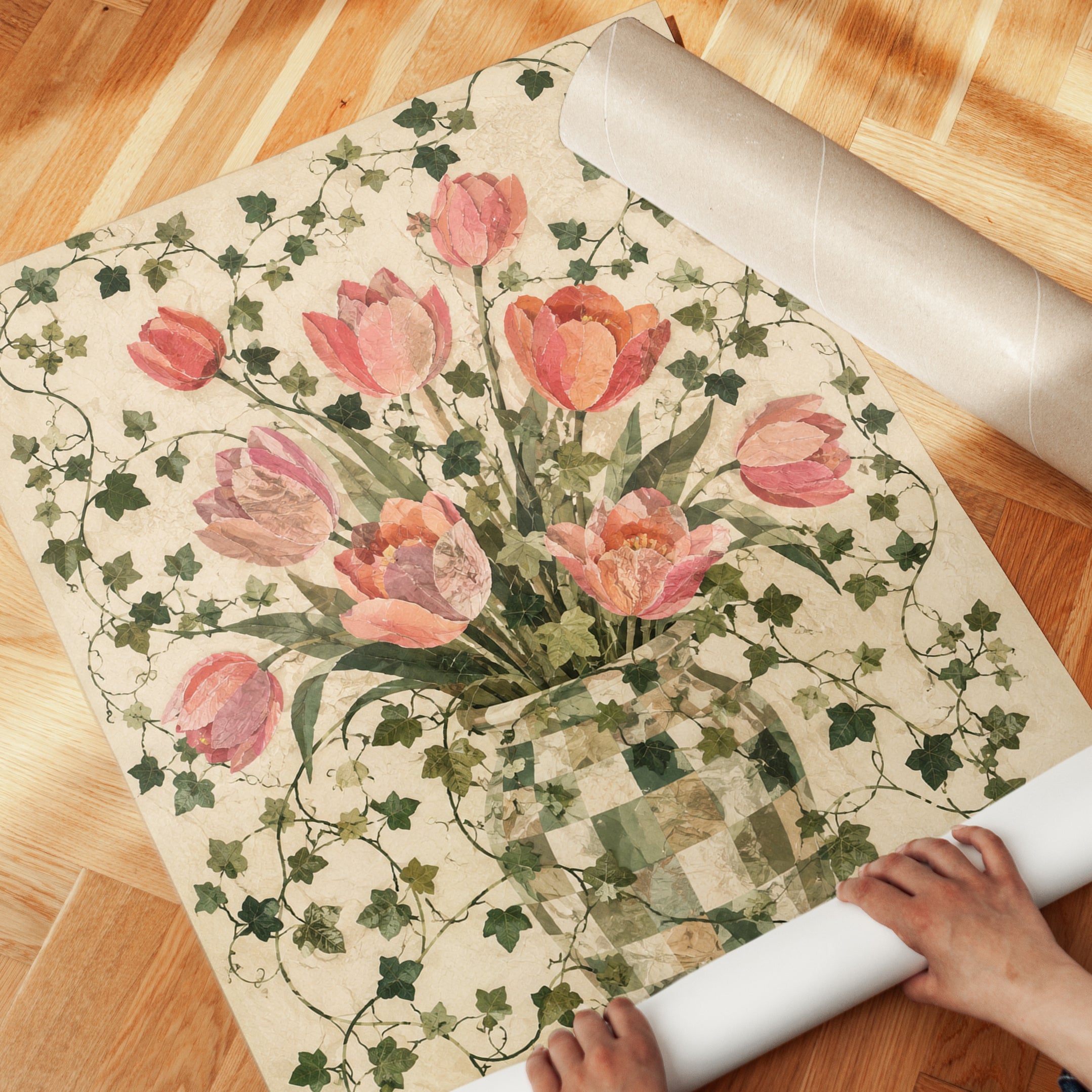 Tulips and Ivy Wall Art: Vintage Botanical Floral Print - detail