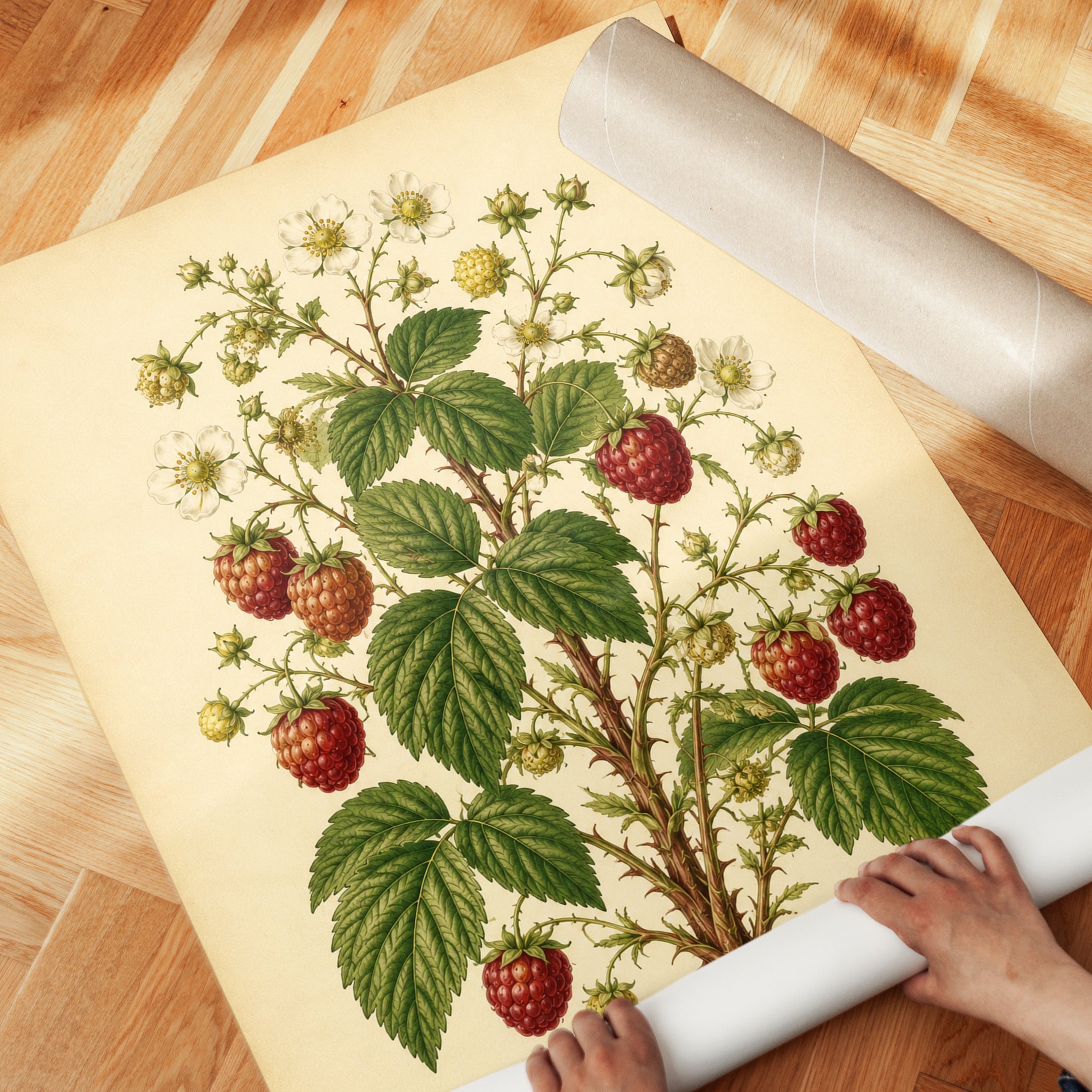 Vintage Botanical Raspberry Print — Antique Fruit Illustration - detail