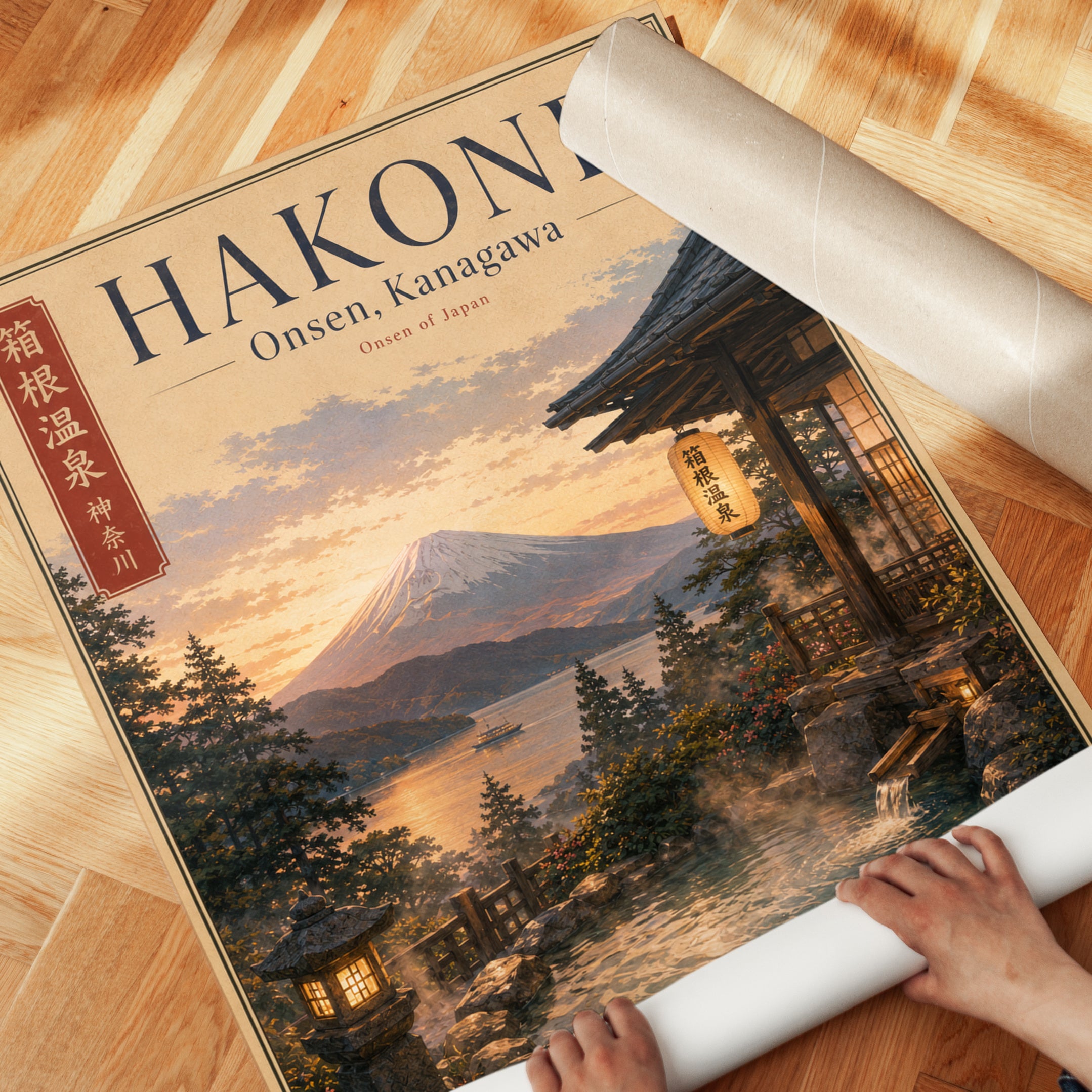 Hakone Travel Print: Vintage Japanese Onsen & Mount Fuji (Wall Art) - detail