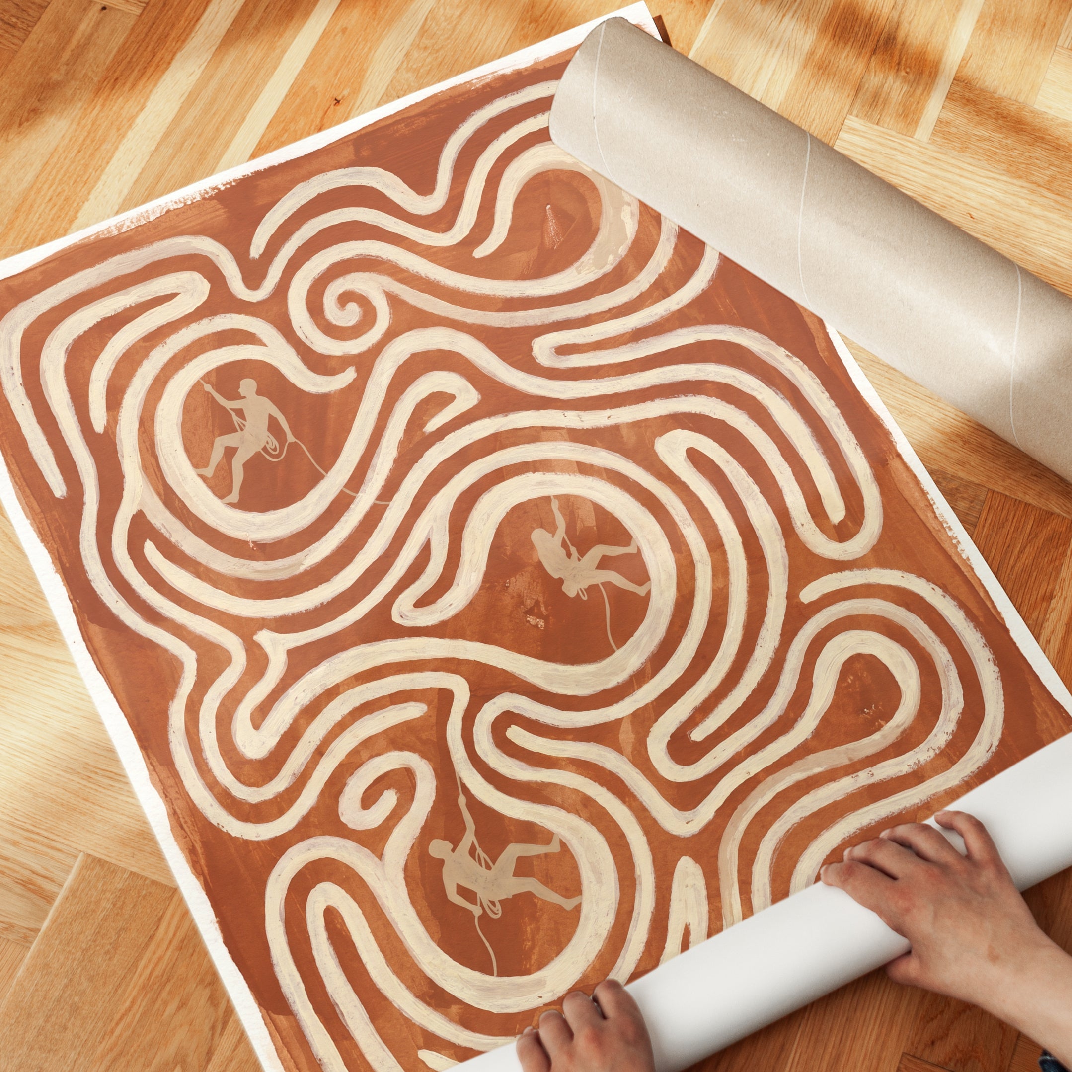 Climb Maze Art Print: Rust Orange Rock Climbing Wall Decor - detail