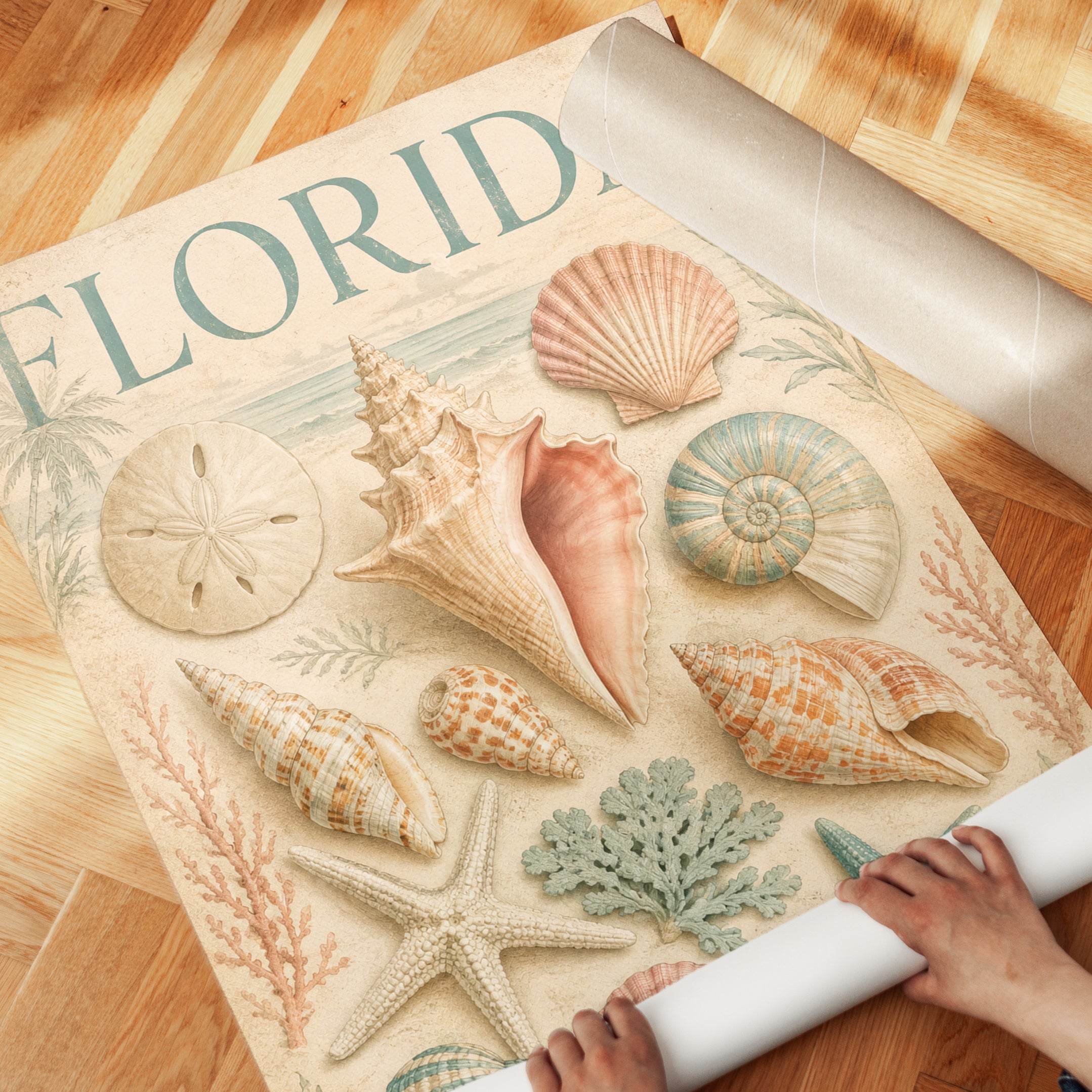 Florida Travel Poster – Coastal Seashell Wall Art - detail