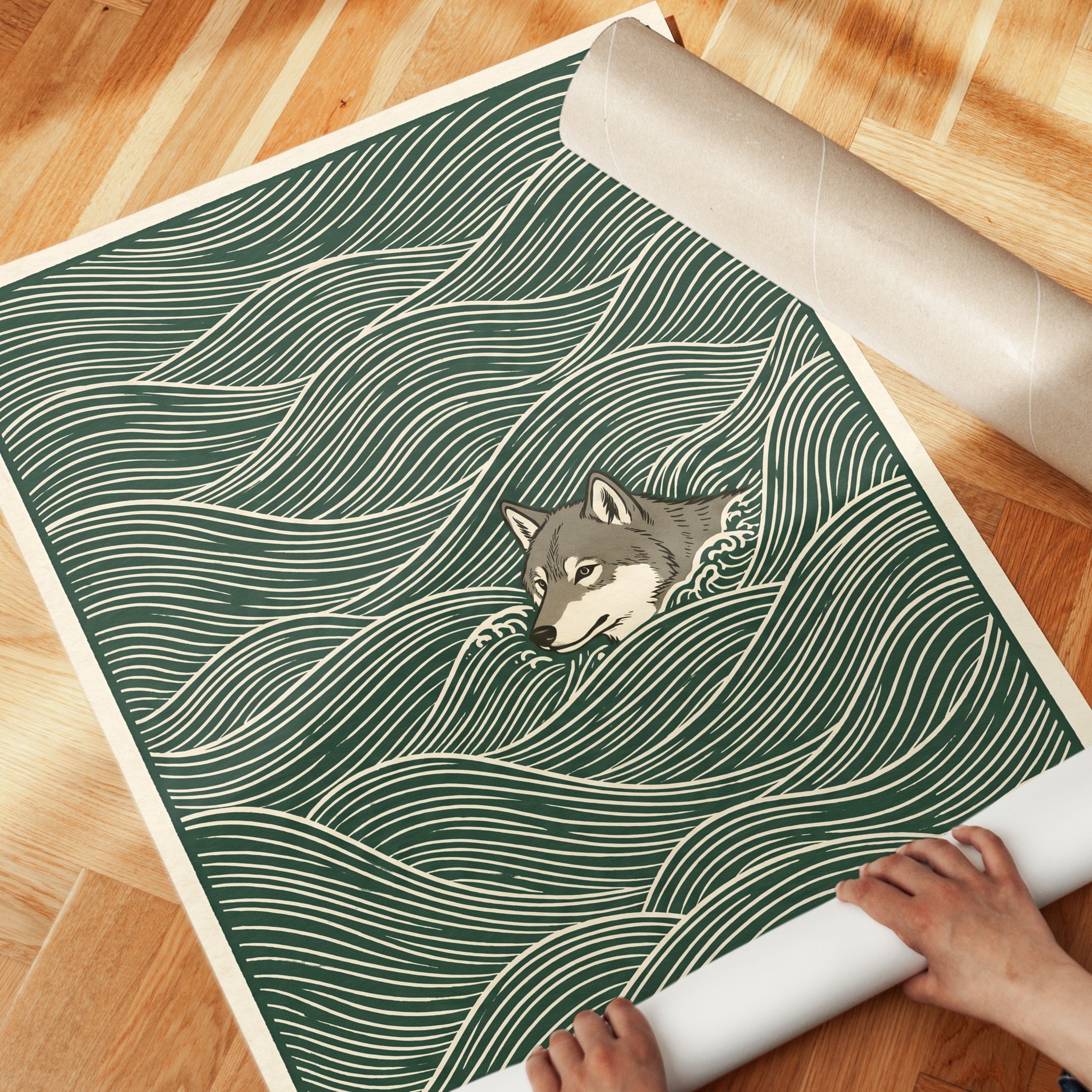 Japanese Wave Wolf Print - detail