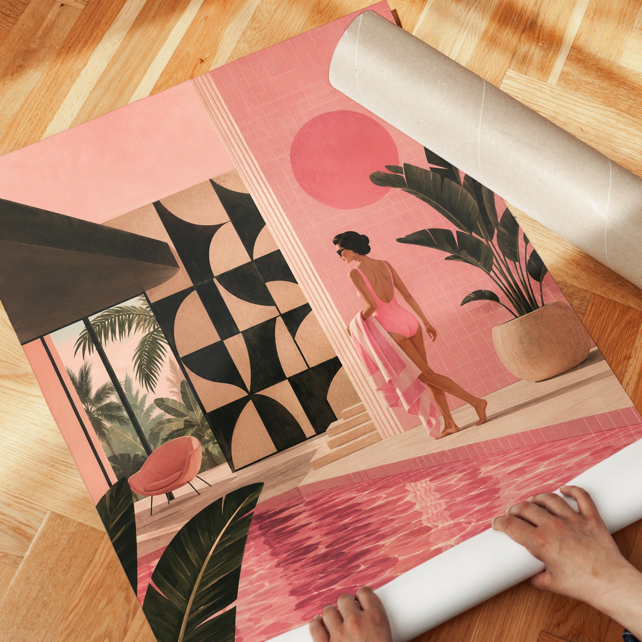 Palm Springs Pool House Art Print: Mid-Century Modern Pink Interior - detail