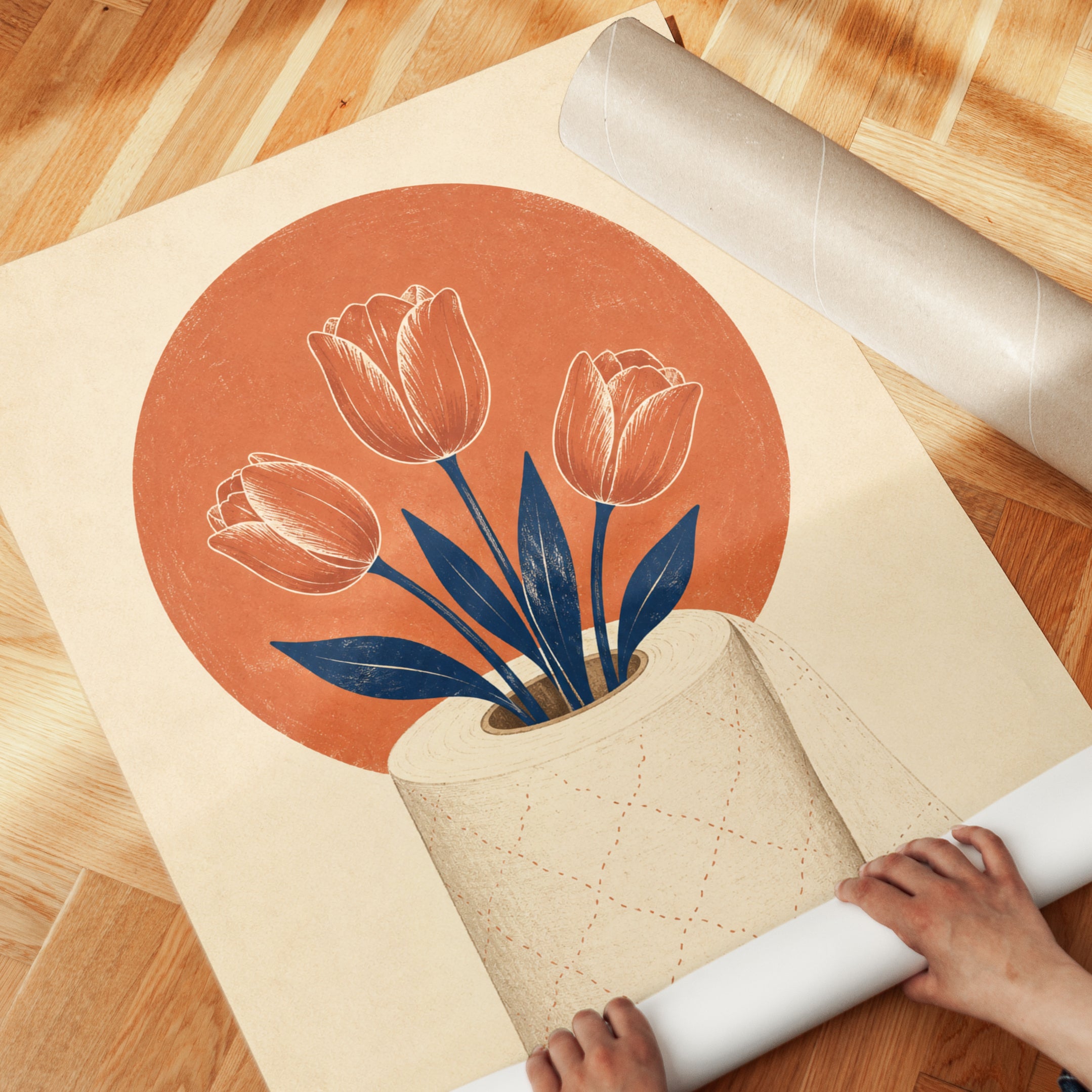 Tulip Toilet Paper Art Print: Retro Orange Circle Botanical - detail