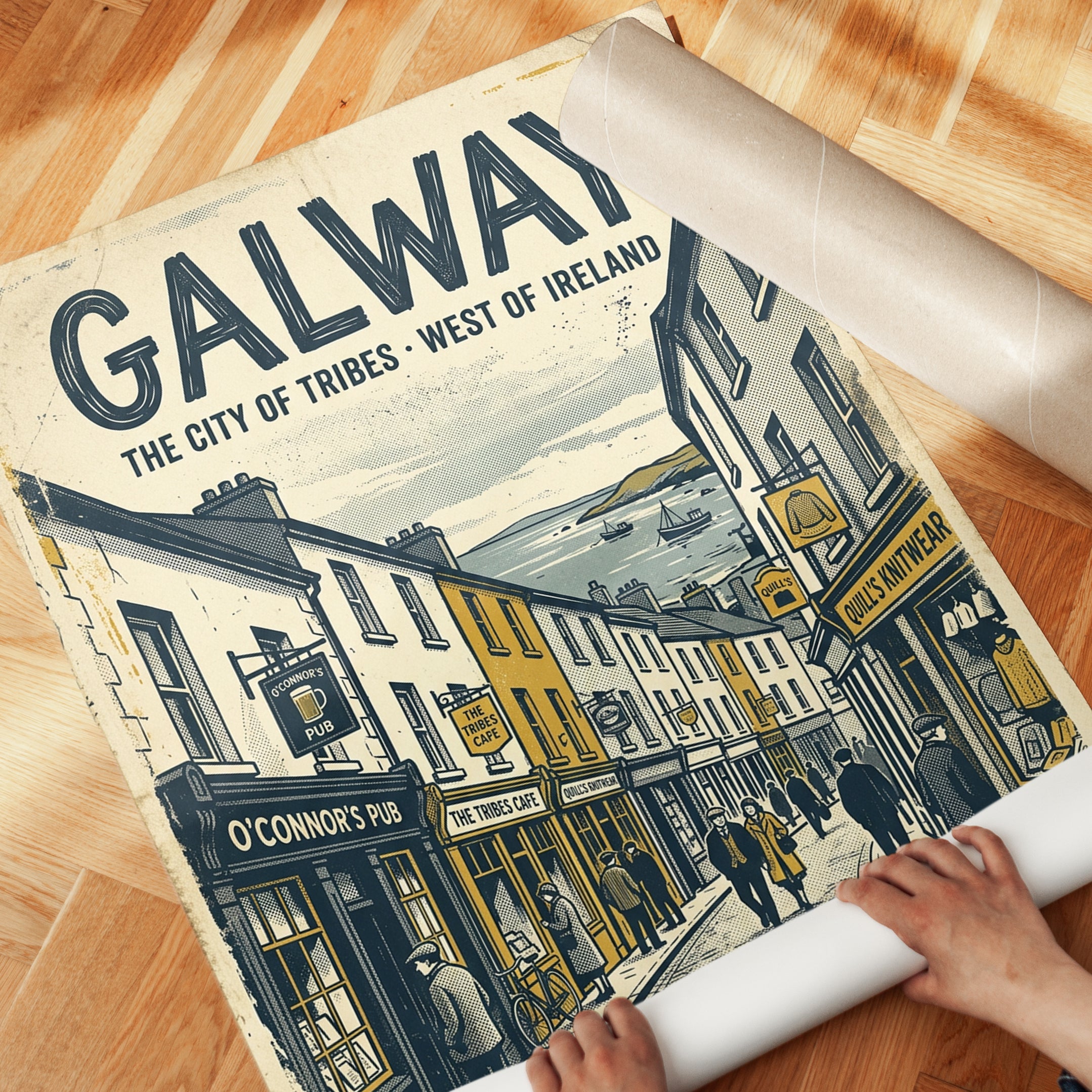 Galway Ireland Street Scene Print: Vintage Travel Poster Art - detail