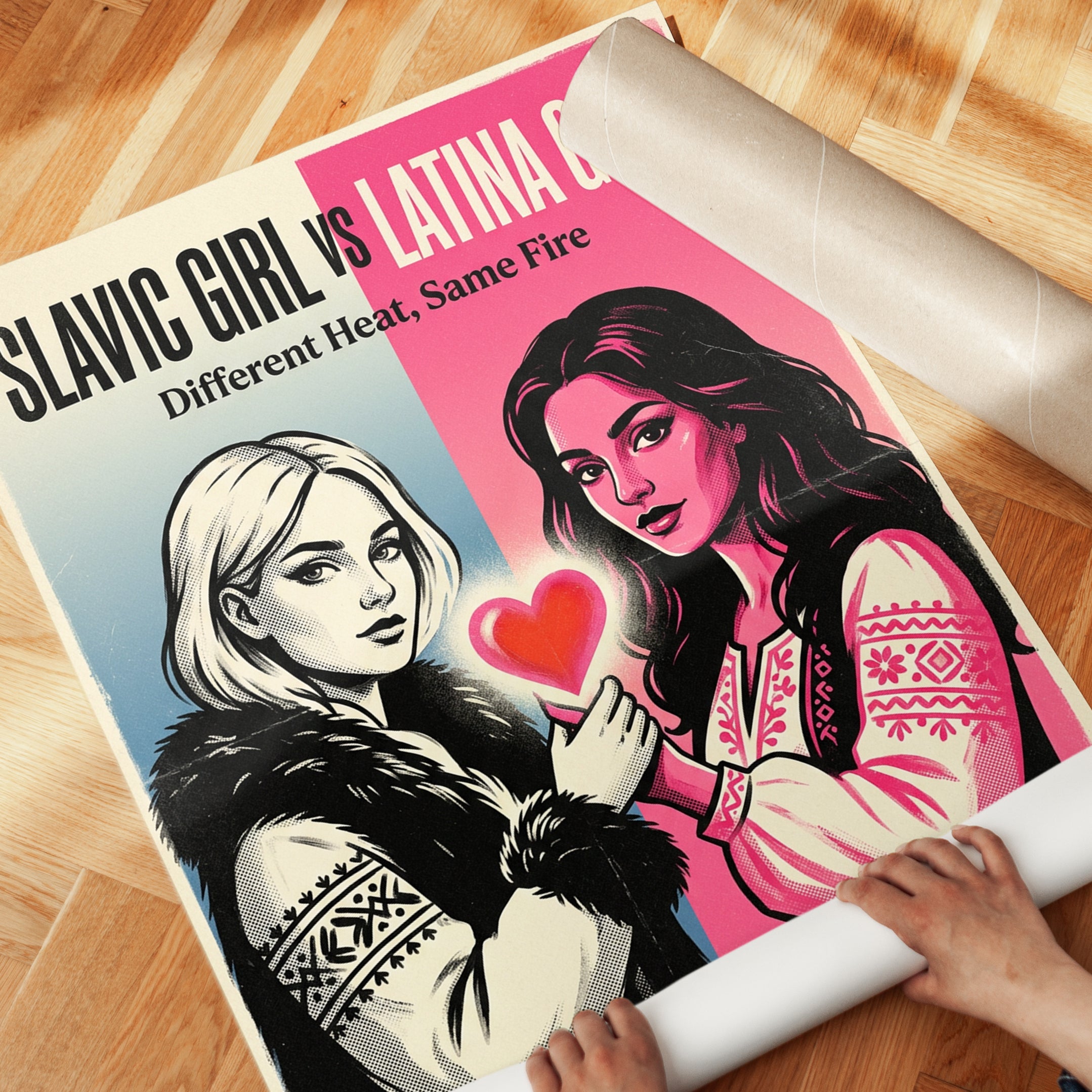 Vintage Pop Art Portrait: Split Screen Duo with Heart Poster - detail