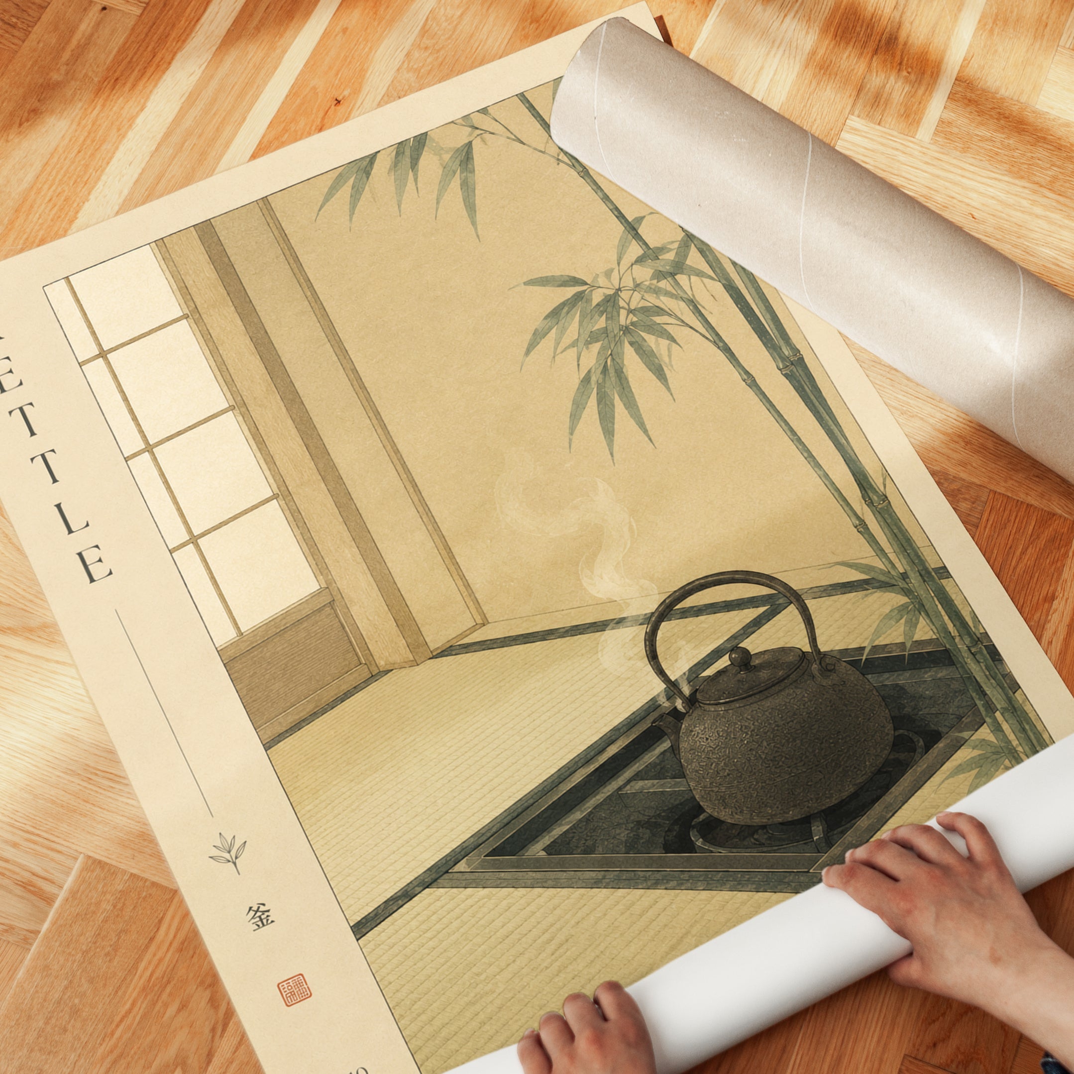 Japanese Tea Room with Bamboo Art Print: Zen Minimalist Design - detail