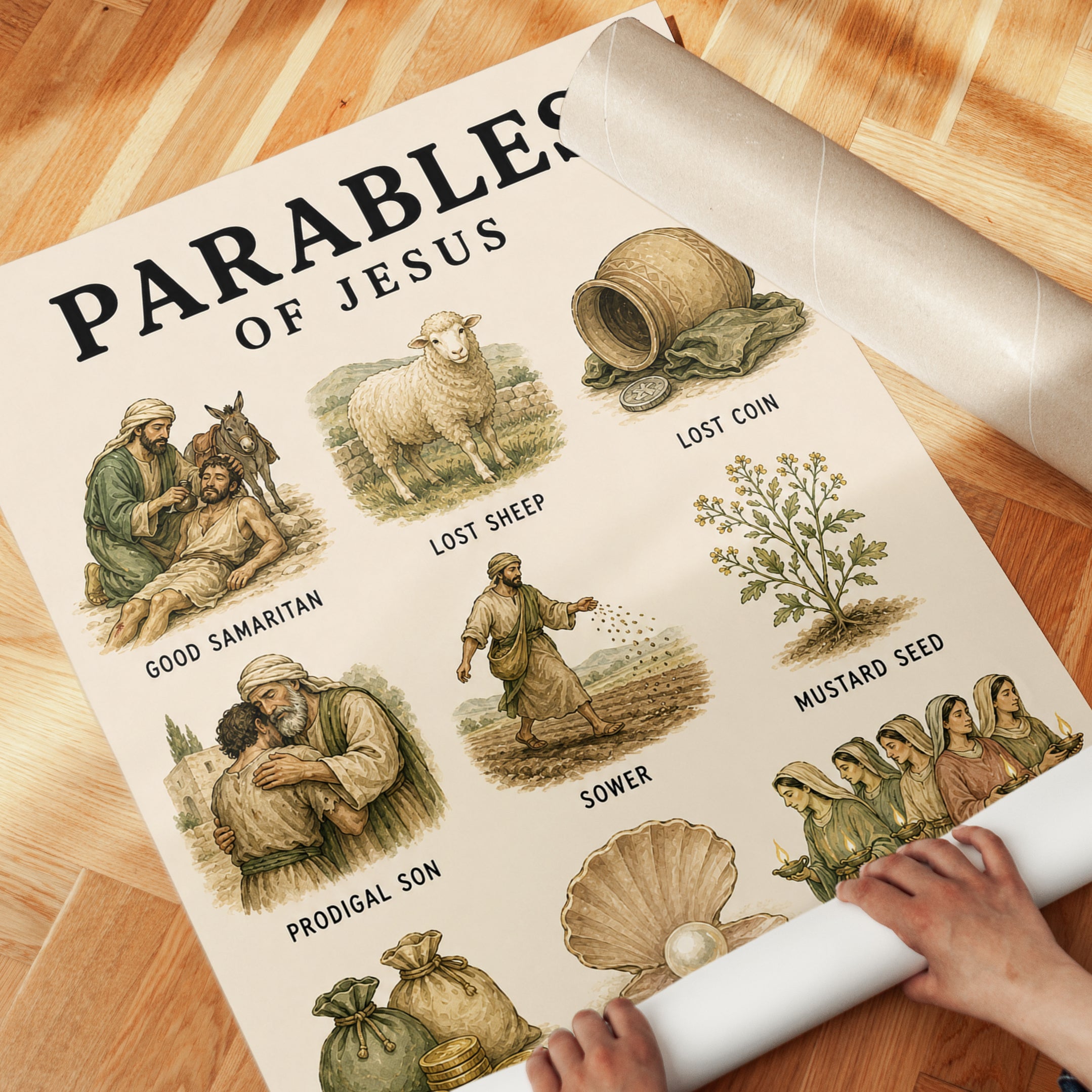Biblical Parables Print: Vintage Educational Chart - detail