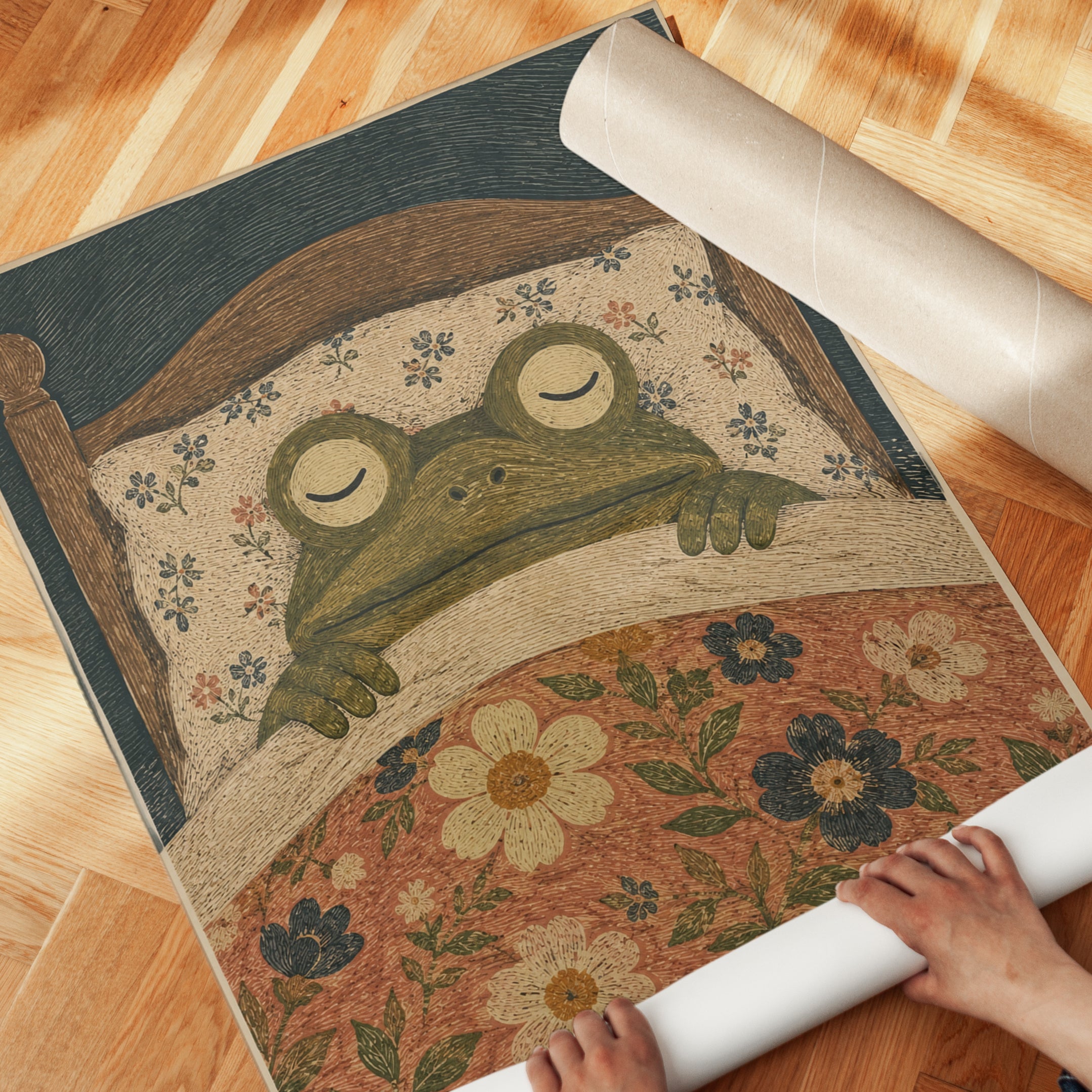 Frog in Bed Wall Art – Vintage Folk Art Print - detail