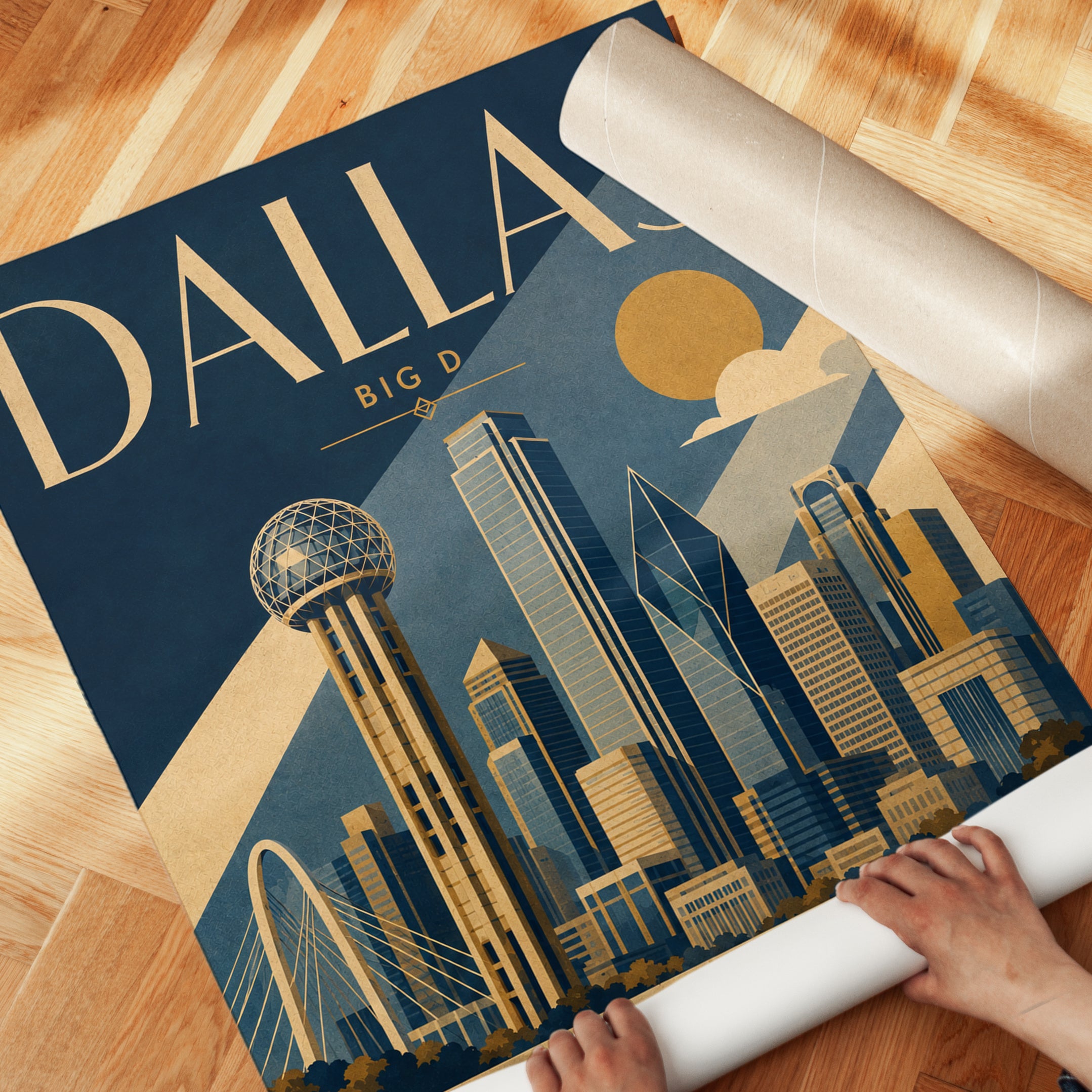 Dallas Skyline Art Print: Art Deco Cityscape Poster in Navy and Gold - detail