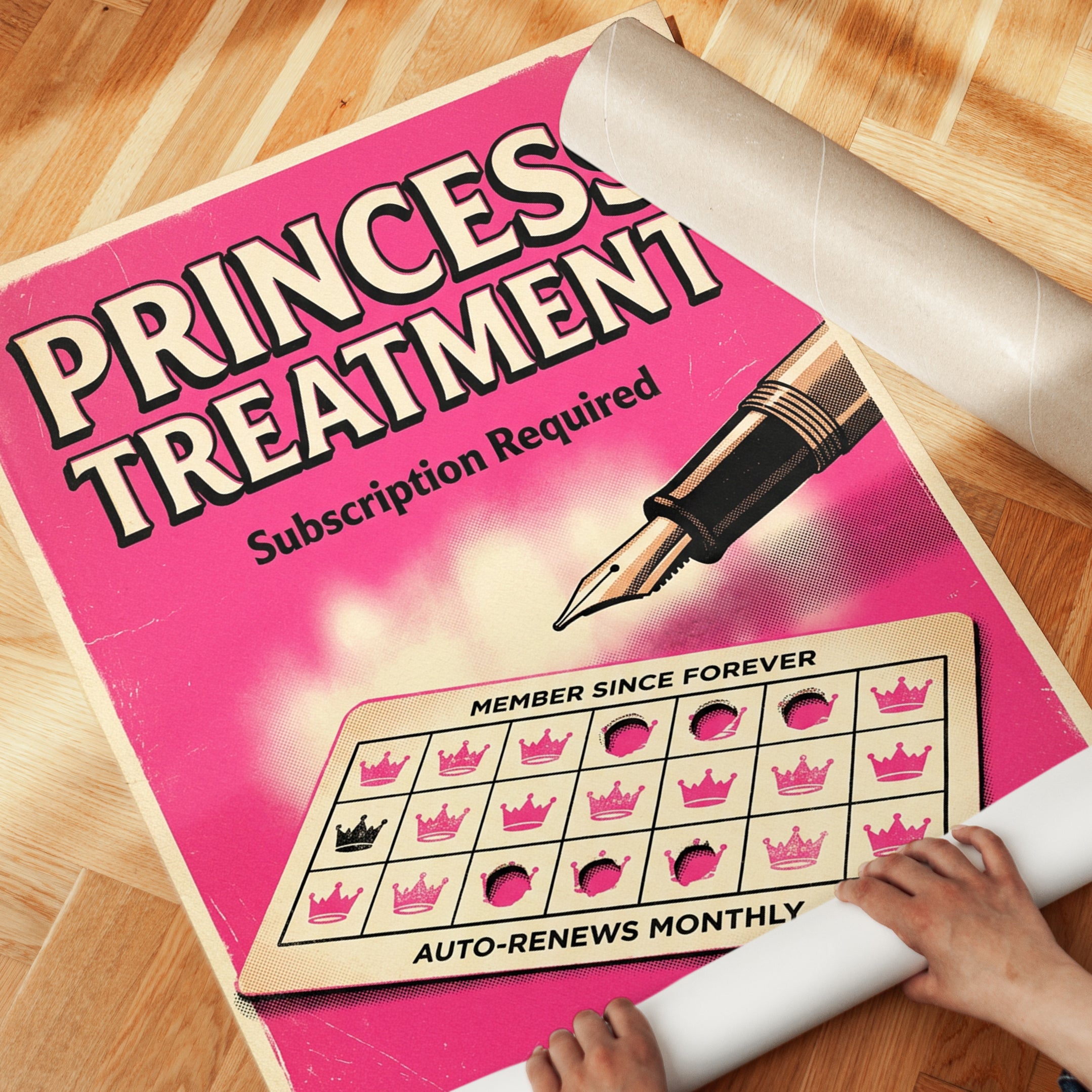 Princess Treatment Retro Wall Art: Pink Satirical Pop Art Poster - detail