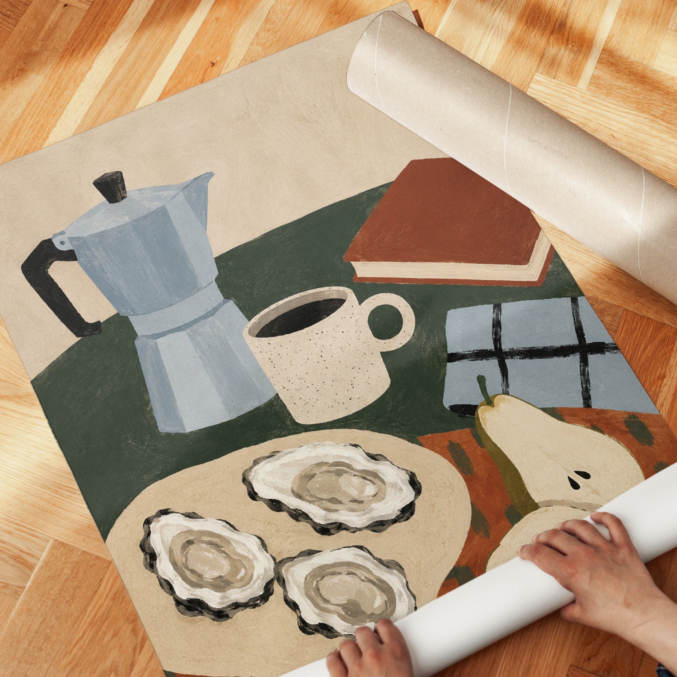 Coffee and Oysters Still Life: Modernist Kitchen Art Print - detail
