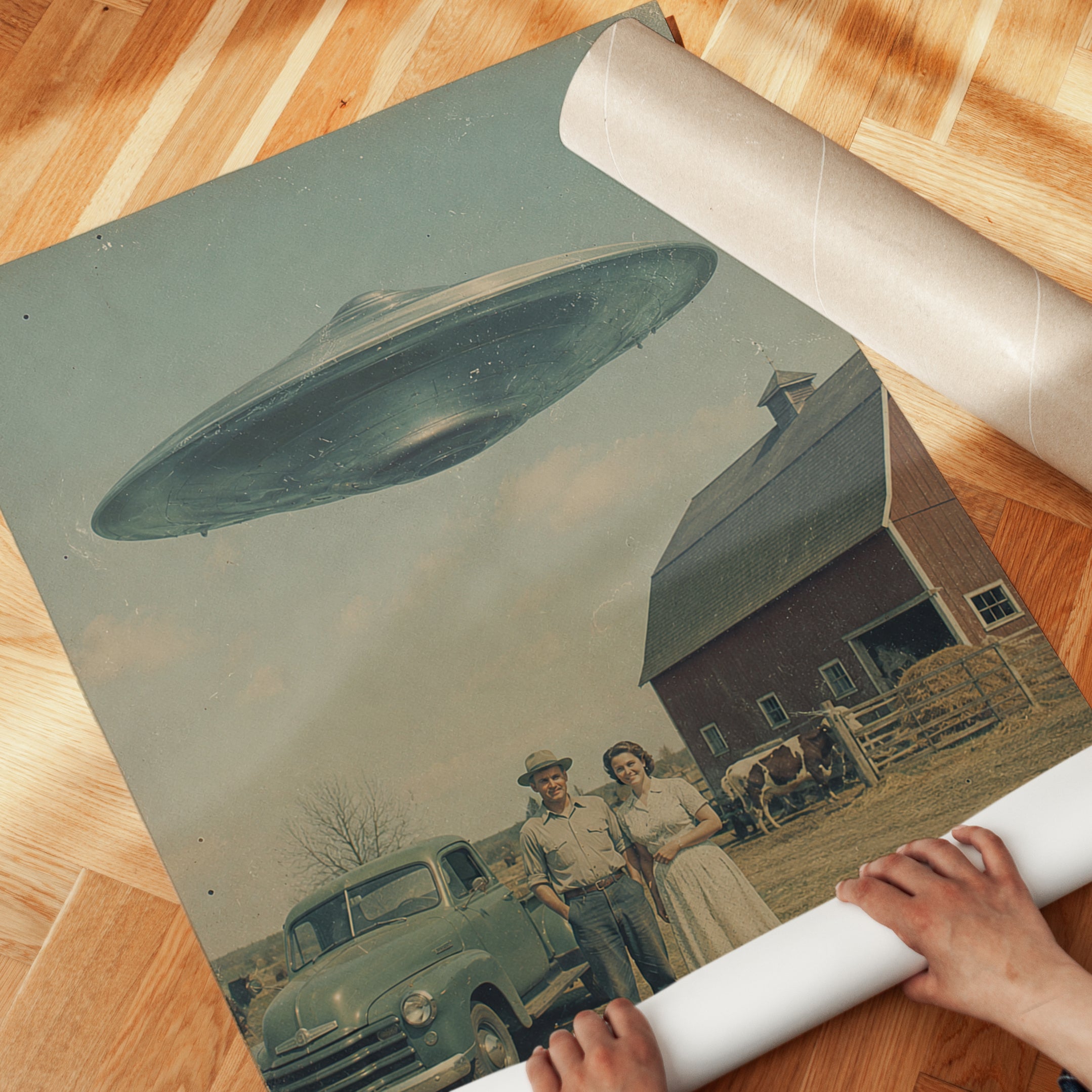 Retro UFO Farm Print — Vintage Sci-Fi Americana - detail