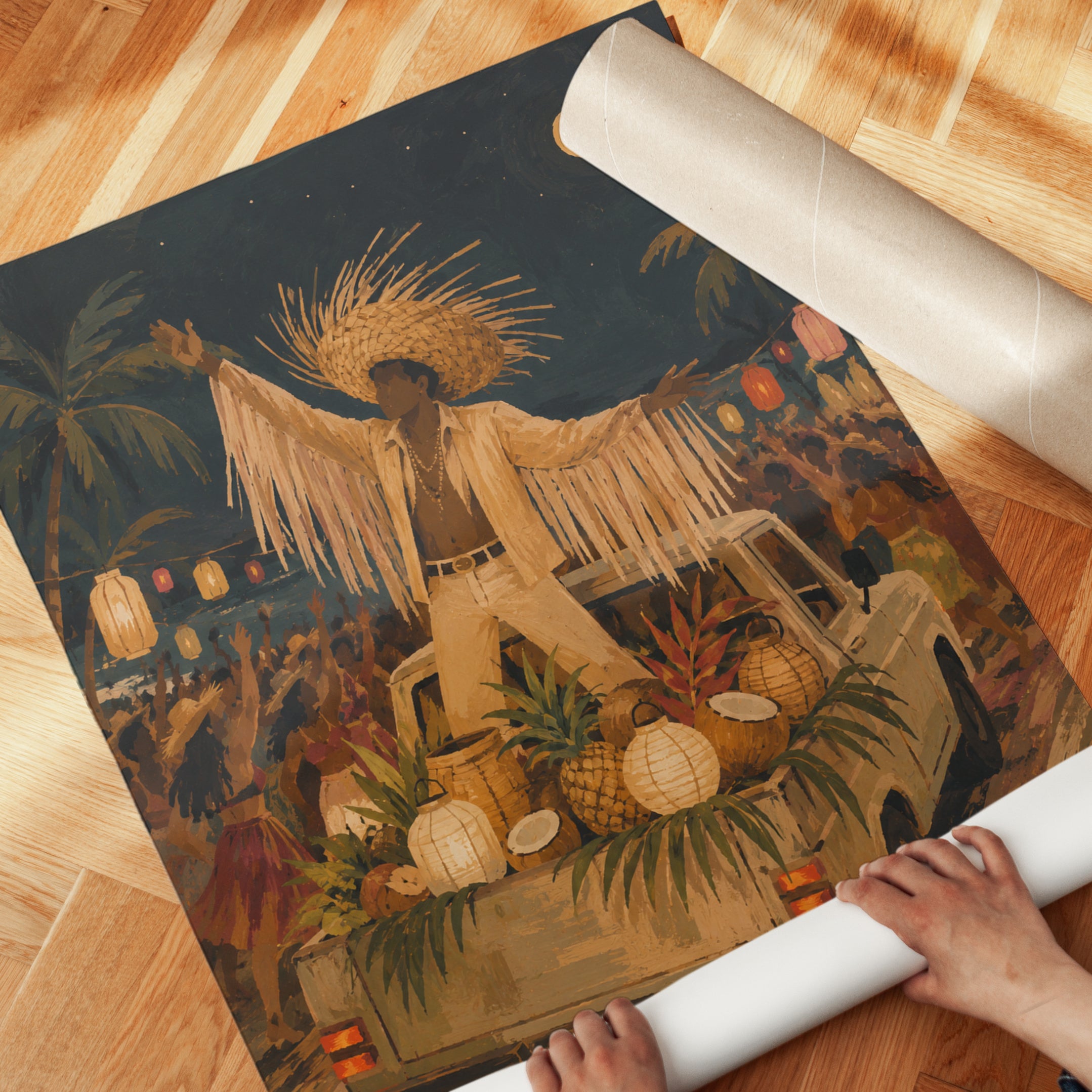 Tropical Carnival Parade Print: Golden Night Festival Art - detail