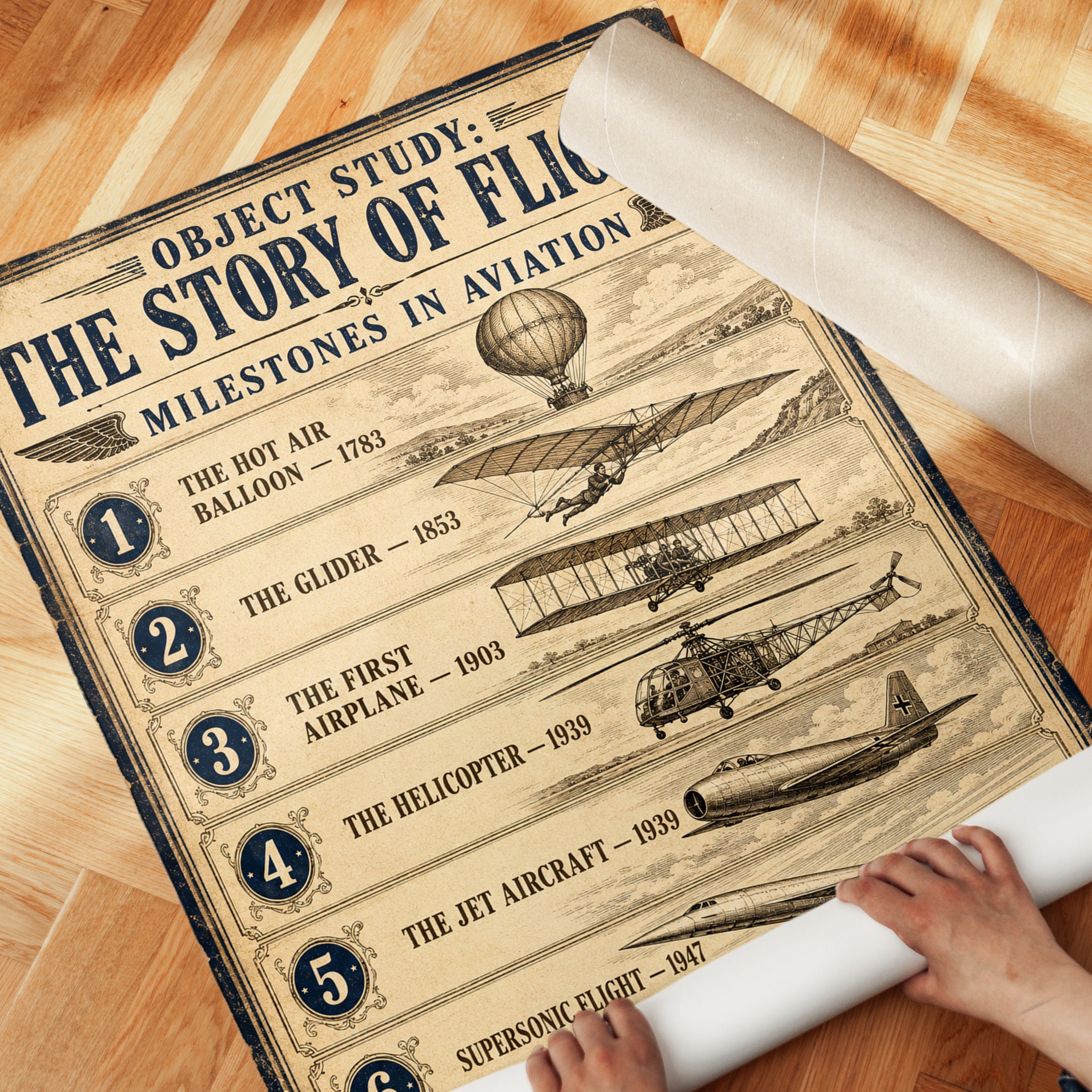 Aviation History Milestones Wall Art Print — Flight Timeline Poster - detail