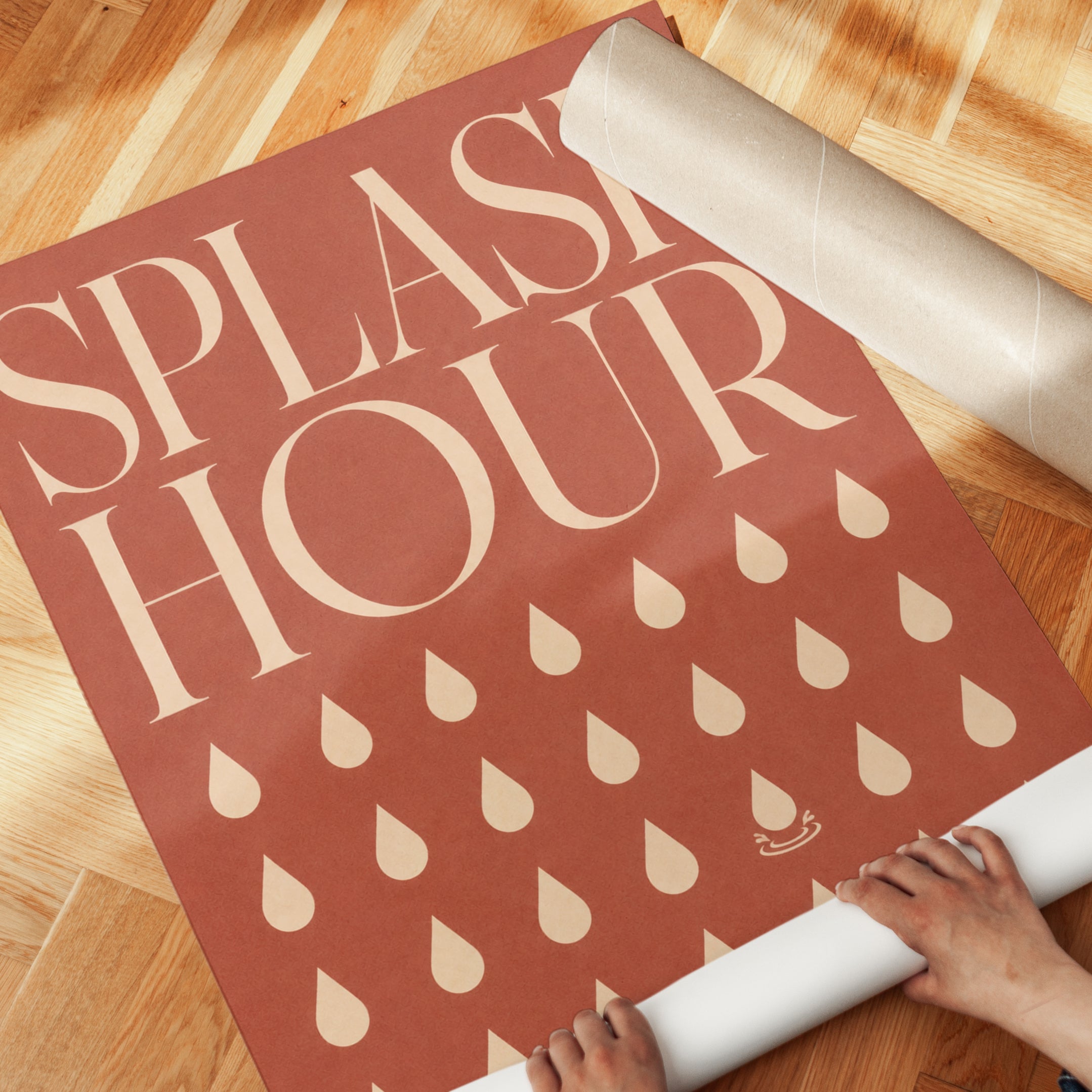 Retro Bathroom Wall Art: Splash Hour Typography on Terracotta - detail