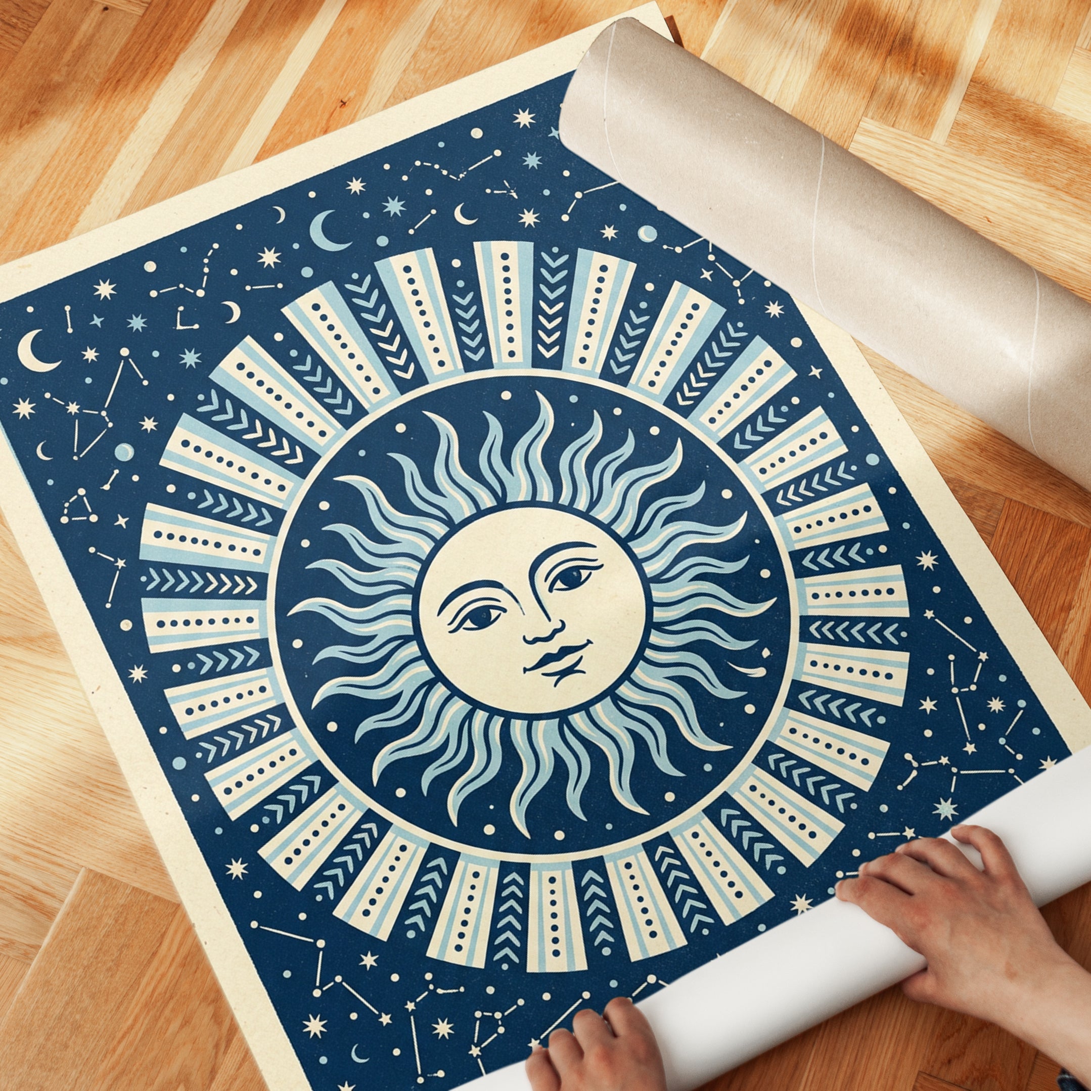Celestial Sun Face Art Print: Blue Folk Pattern with Stars - detail