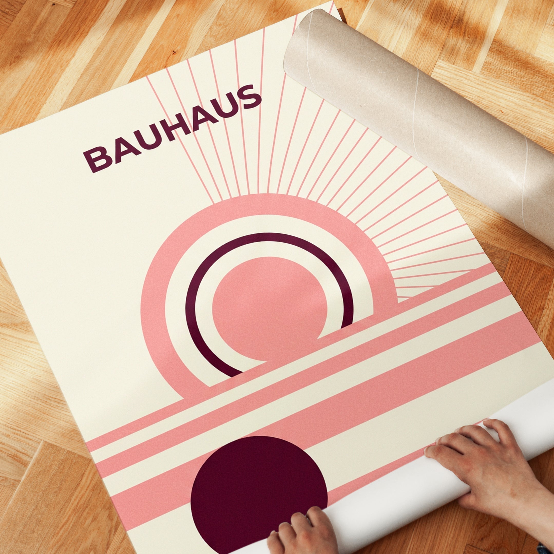 Bauhaus Geometric Print: Retro Circles & Lines in Pink and Burgundy - detail