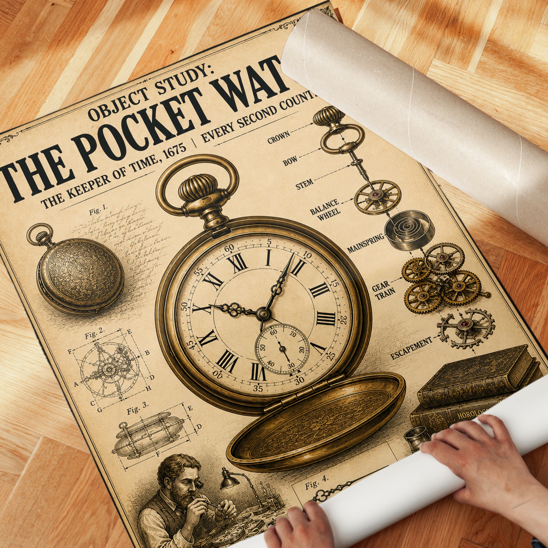 Vintage Pocket Watch Diagram Print: Victorian Technical Illustration - detail