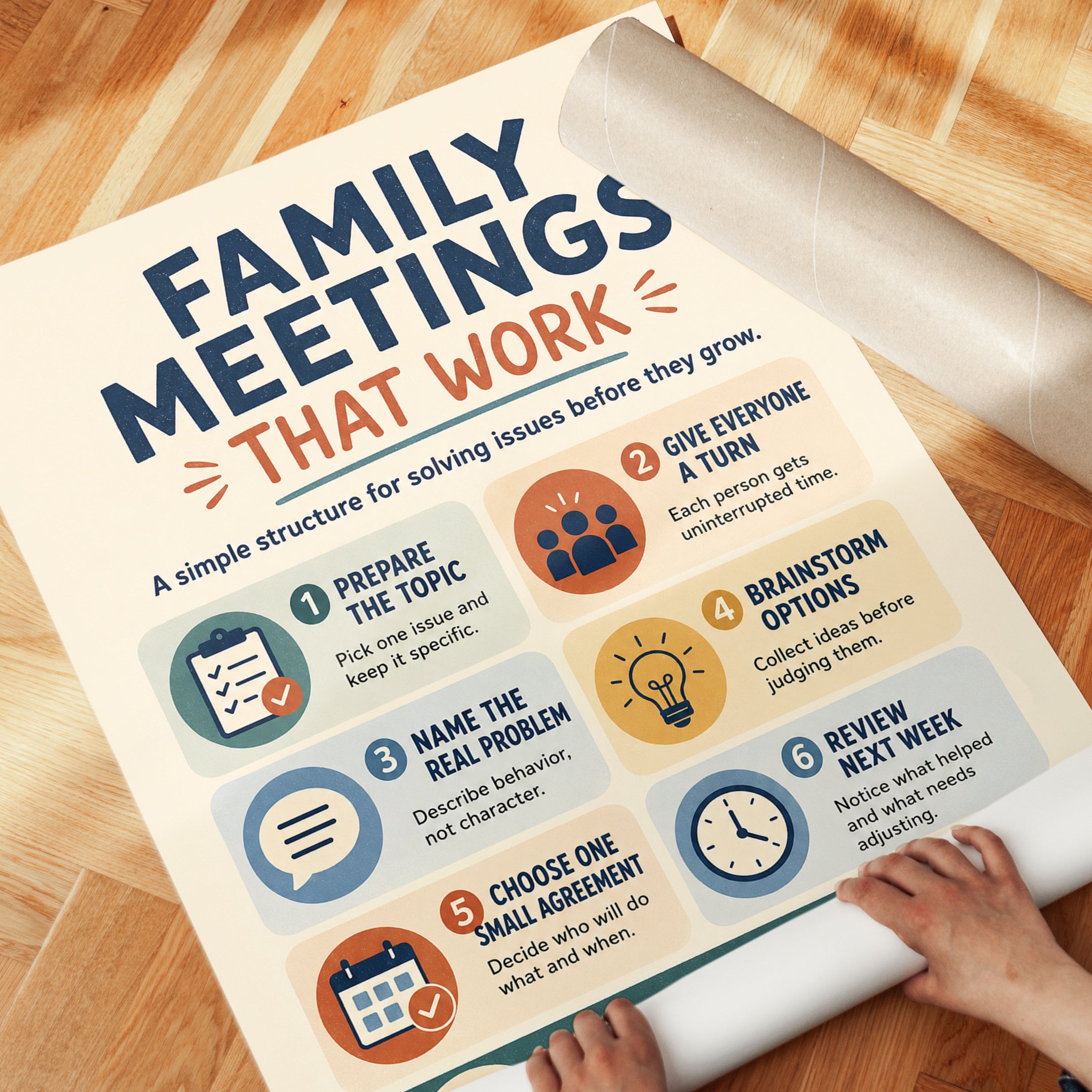 Family Meetings Guide Print: Mid-Century Modern Parenting Art - detail