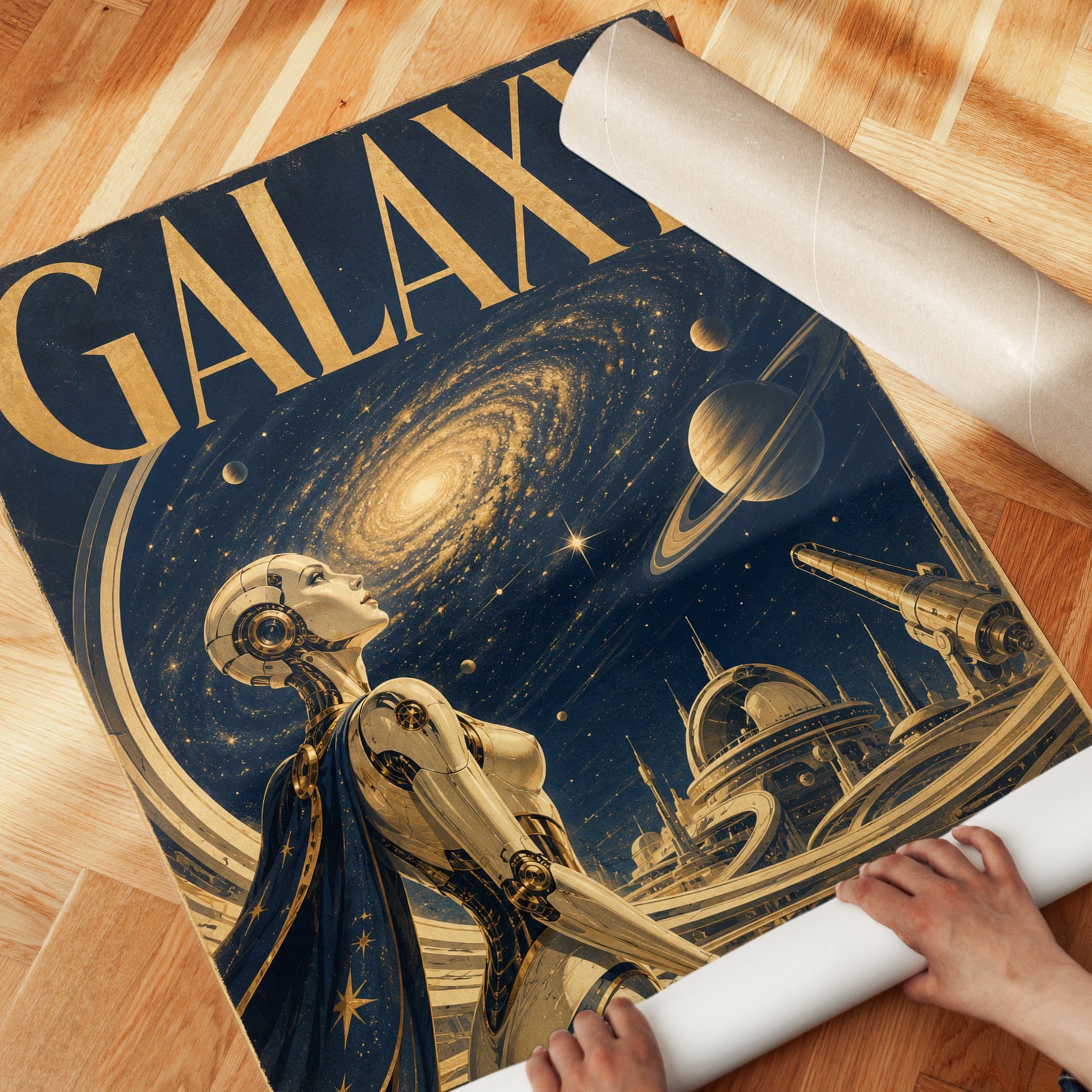 Retro Sci-Fi Galaxy Poster: Art Deco Robot and Space Scene - detail