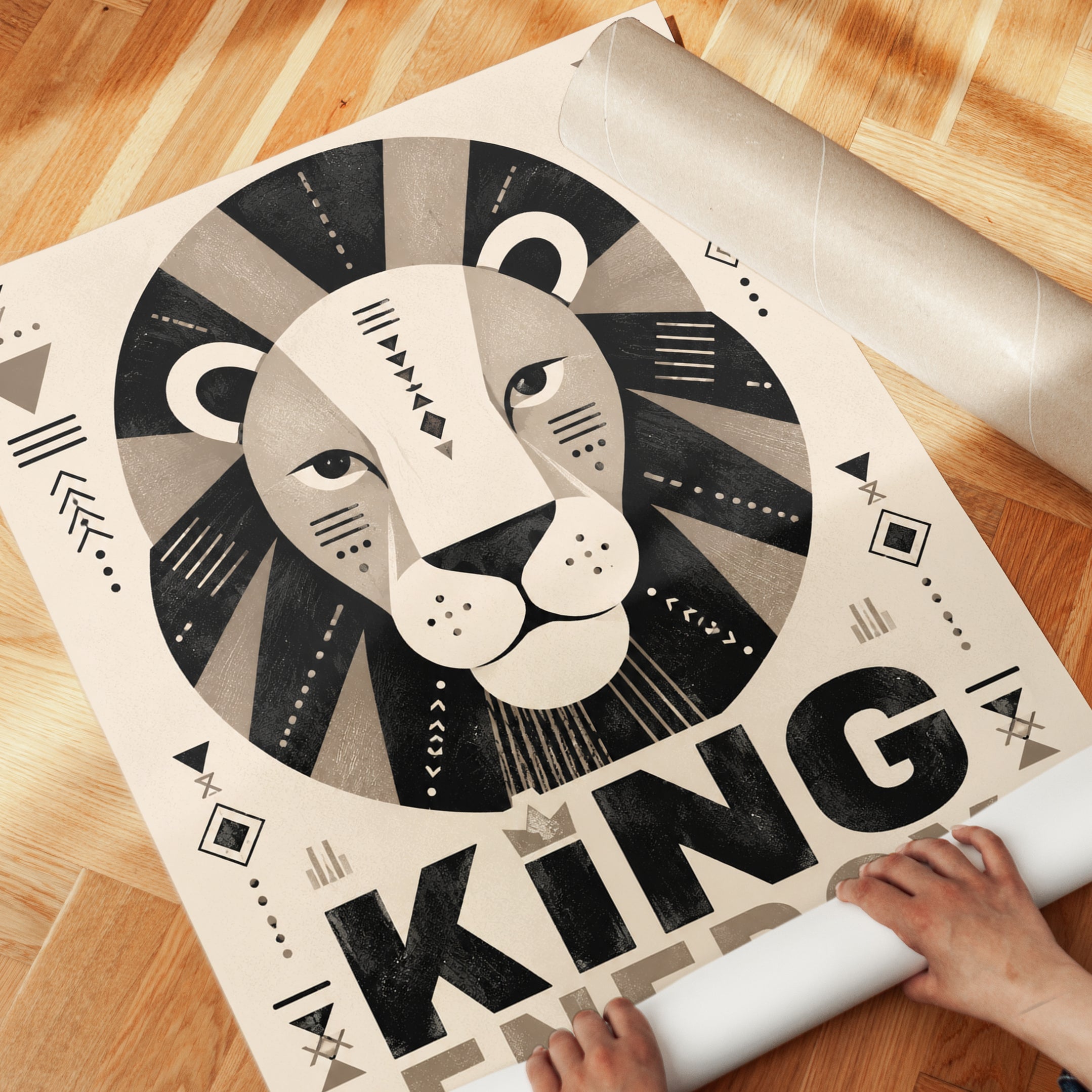 Art Deco Lion Print: Geometric Black and Beige King Energy Poster - detail