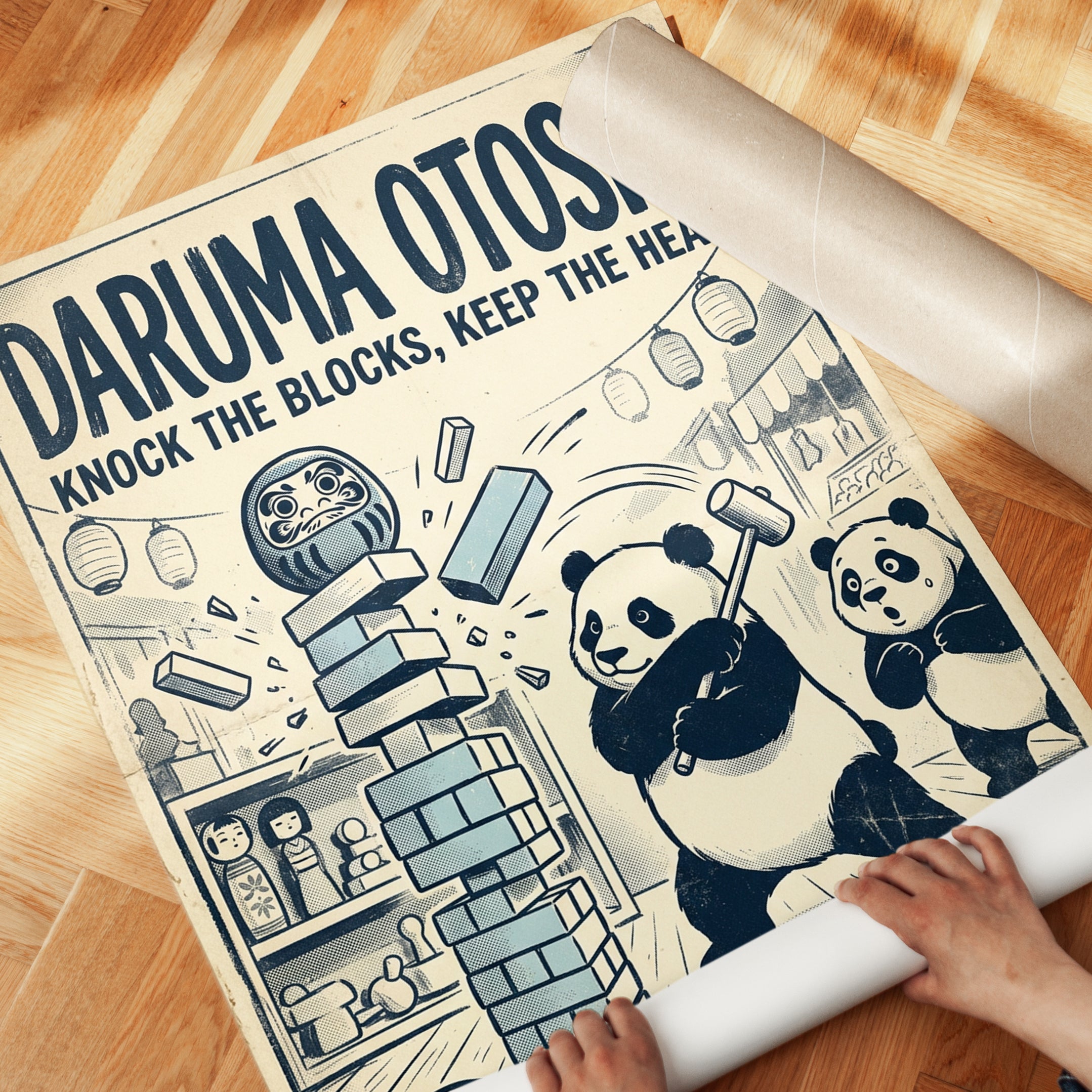 Daruma Otoshi Panda Poster: Vintage Japanese Game Art Print - detail