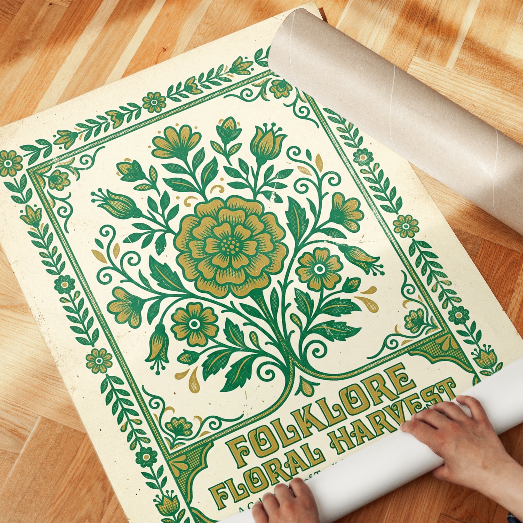 Folk Art Botanical Print: Green and Gold Floral Harvest Design - detail