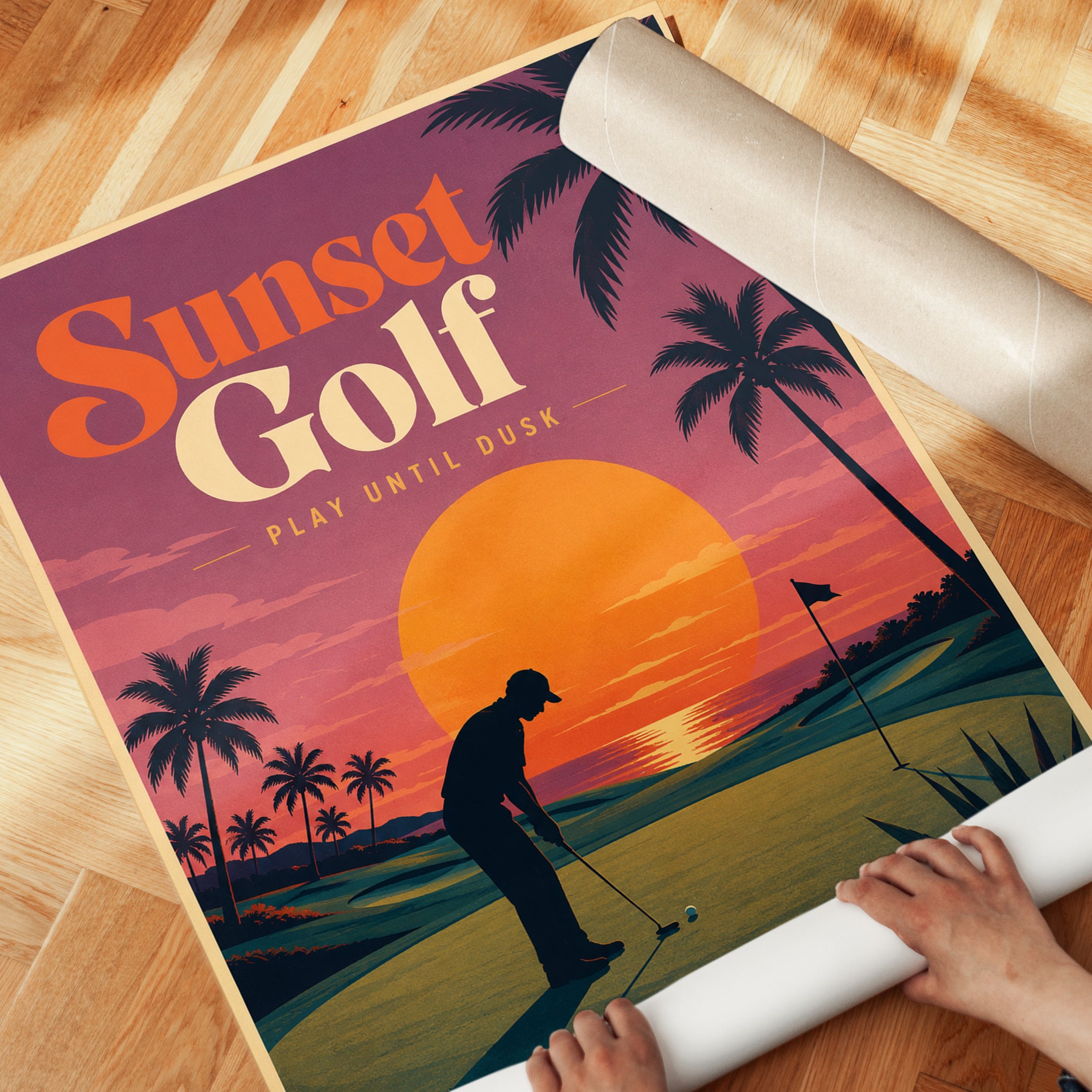 Vintage Golf Poster Print: Retro Sunset Palm Trees - detail