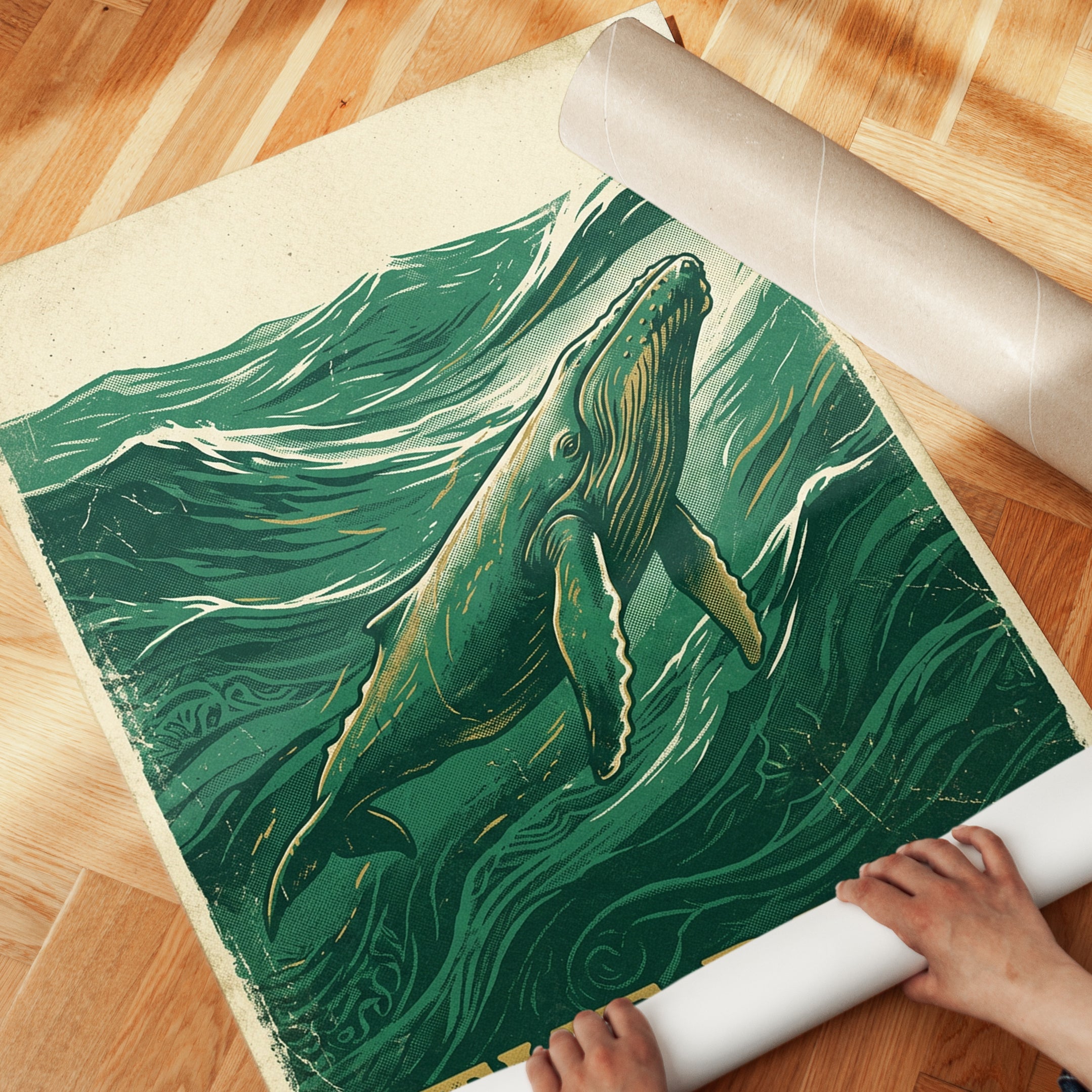 Humpback Whale Art Print: Vintage Green Woodblock Ocean Poster - detail