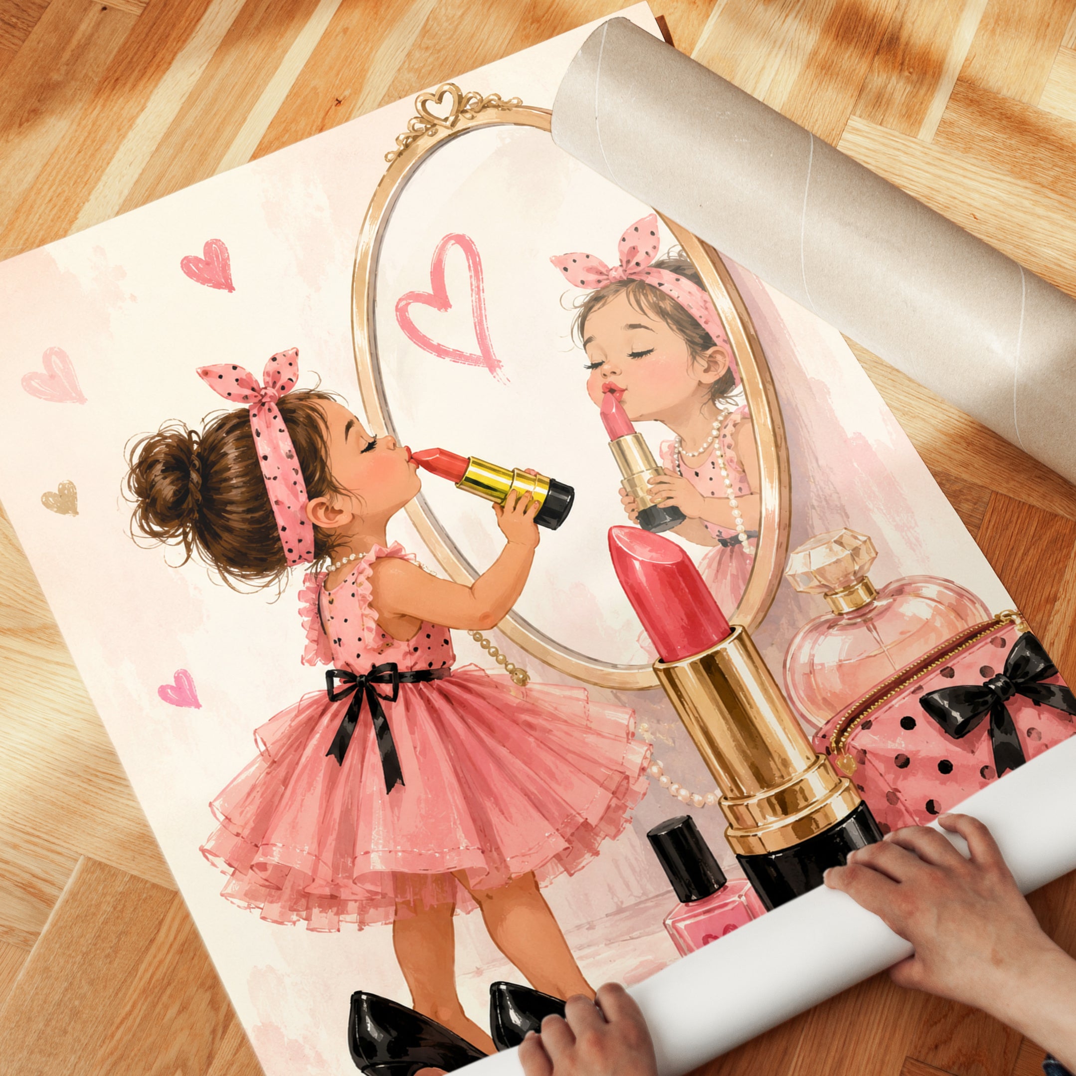 Little Girl with Lipstick Mirror Art Print: Pink Fashion Poster - detail