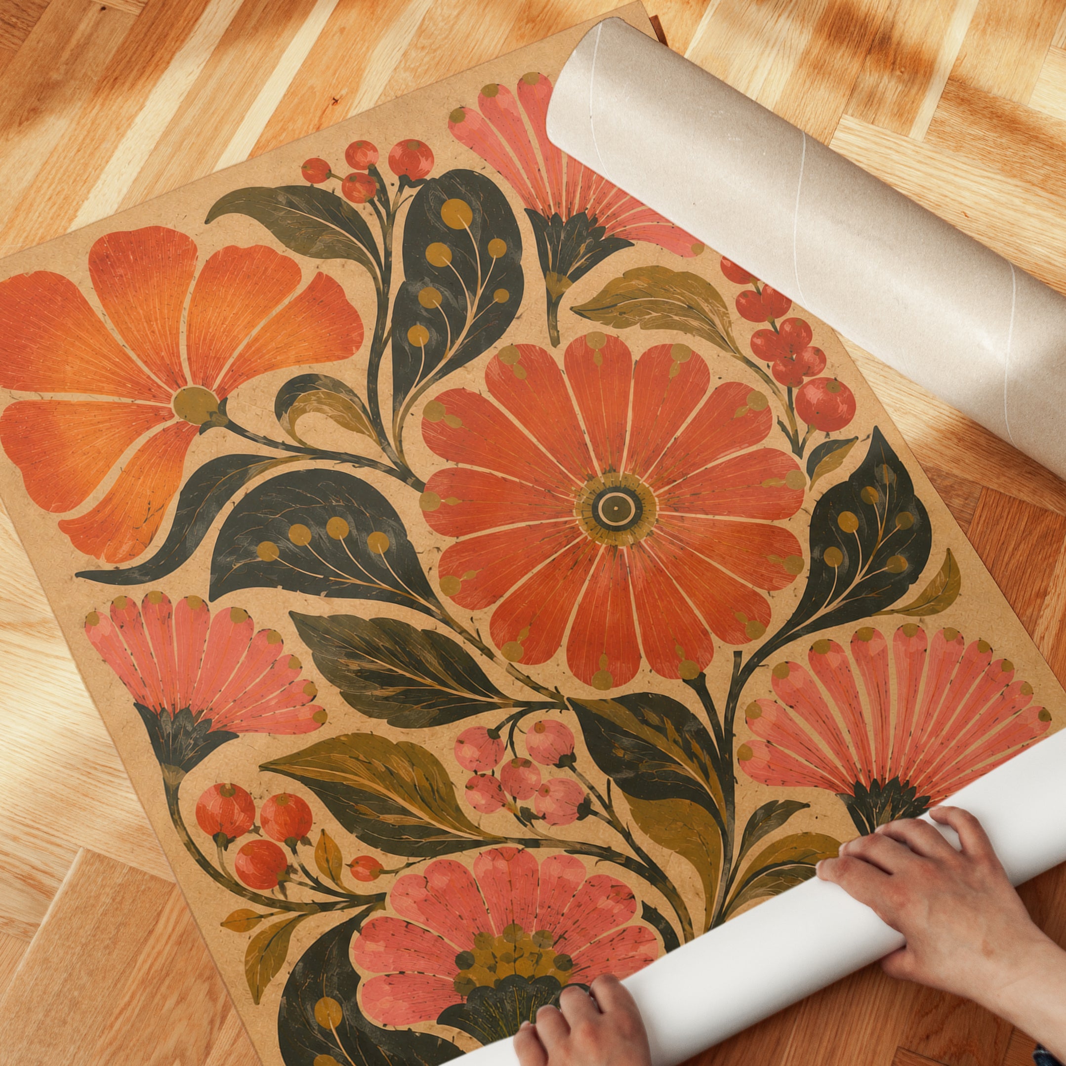 Folk Art Floral Print — Vintage Hand-Painted Blooms - detail