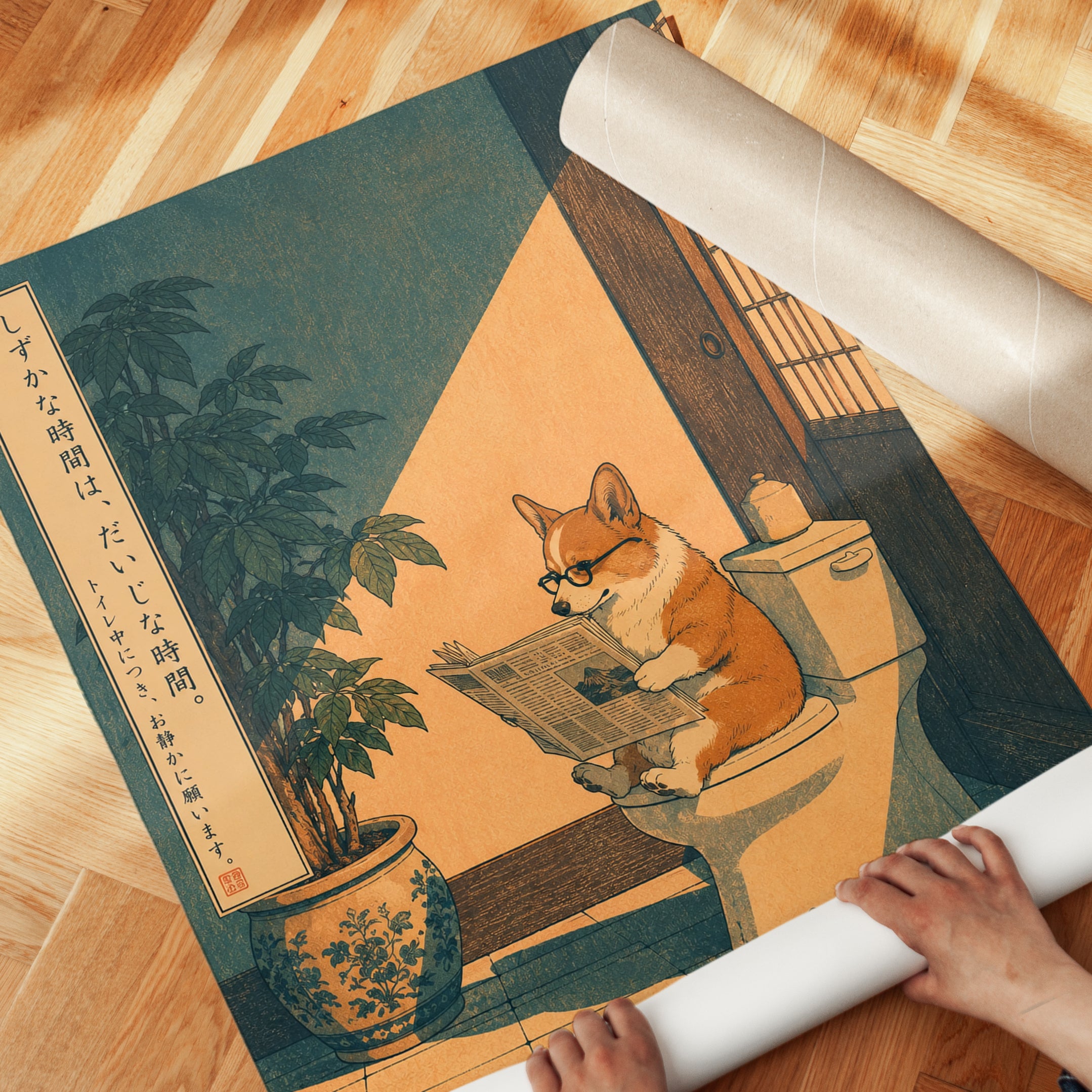 Japanese Corgi Reading Newspaper Print - detail