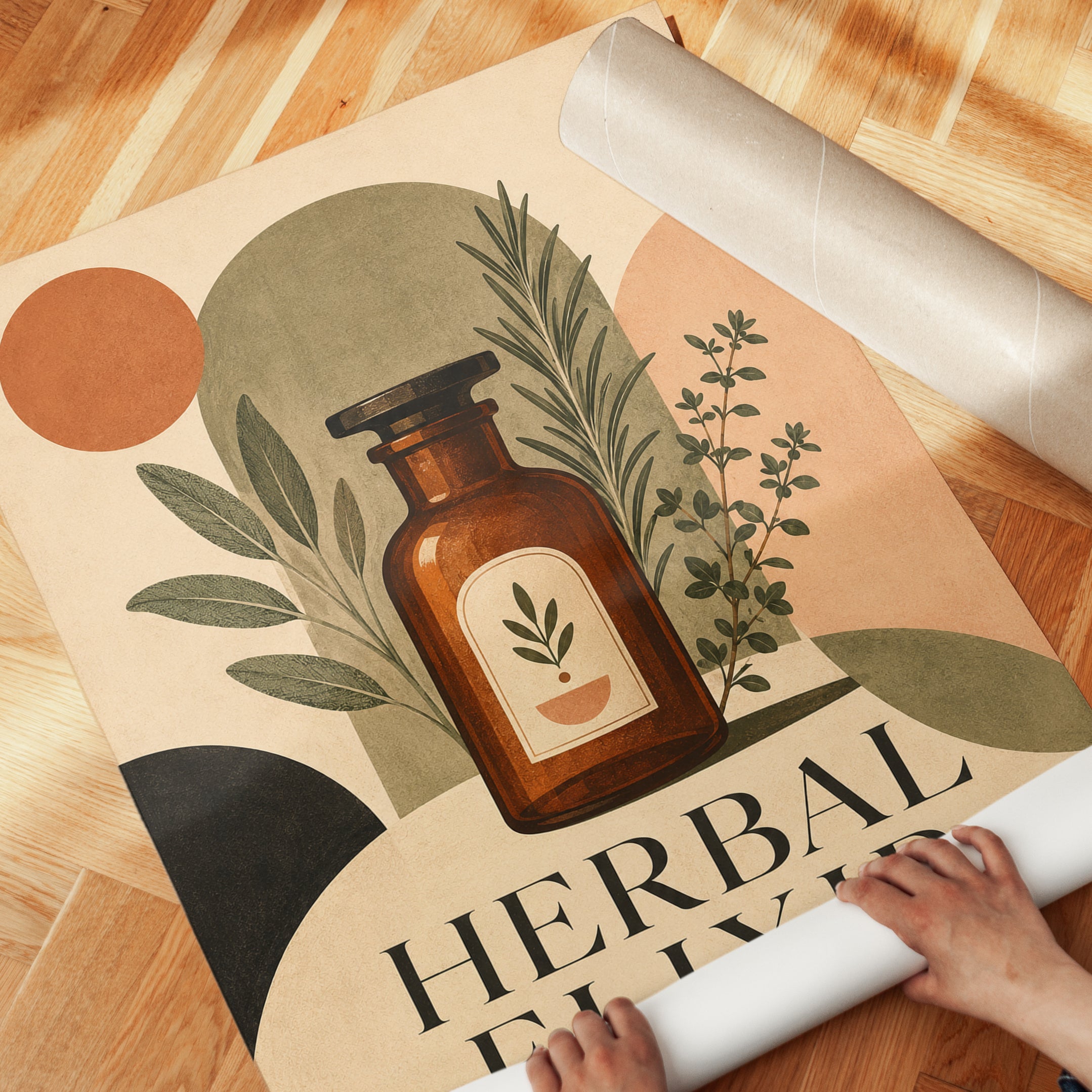 Herbal Apothecary Bottle Art Print: Mid-Century Botanical Design - detail