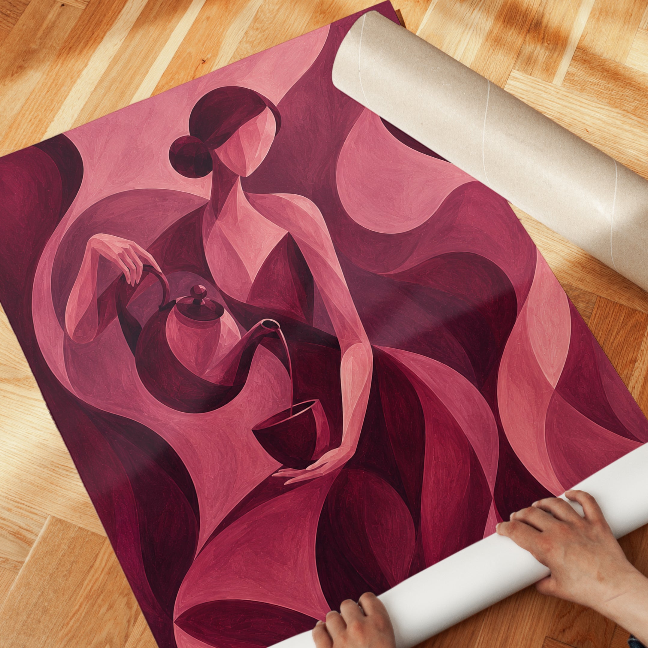 Cubist Coffee Ritual Art Print: Pink Geometric Figure Poster - detail