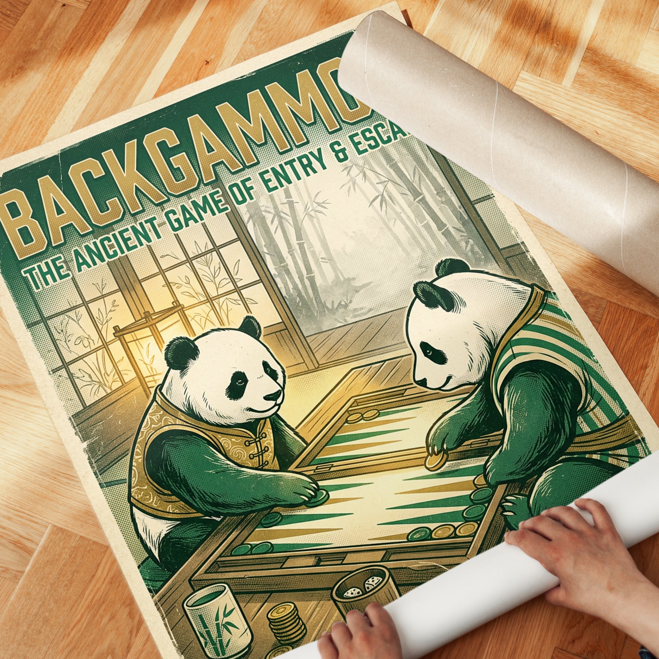 Backgammon Pandas Art Print: Vintage Game Room Wall Art - detail