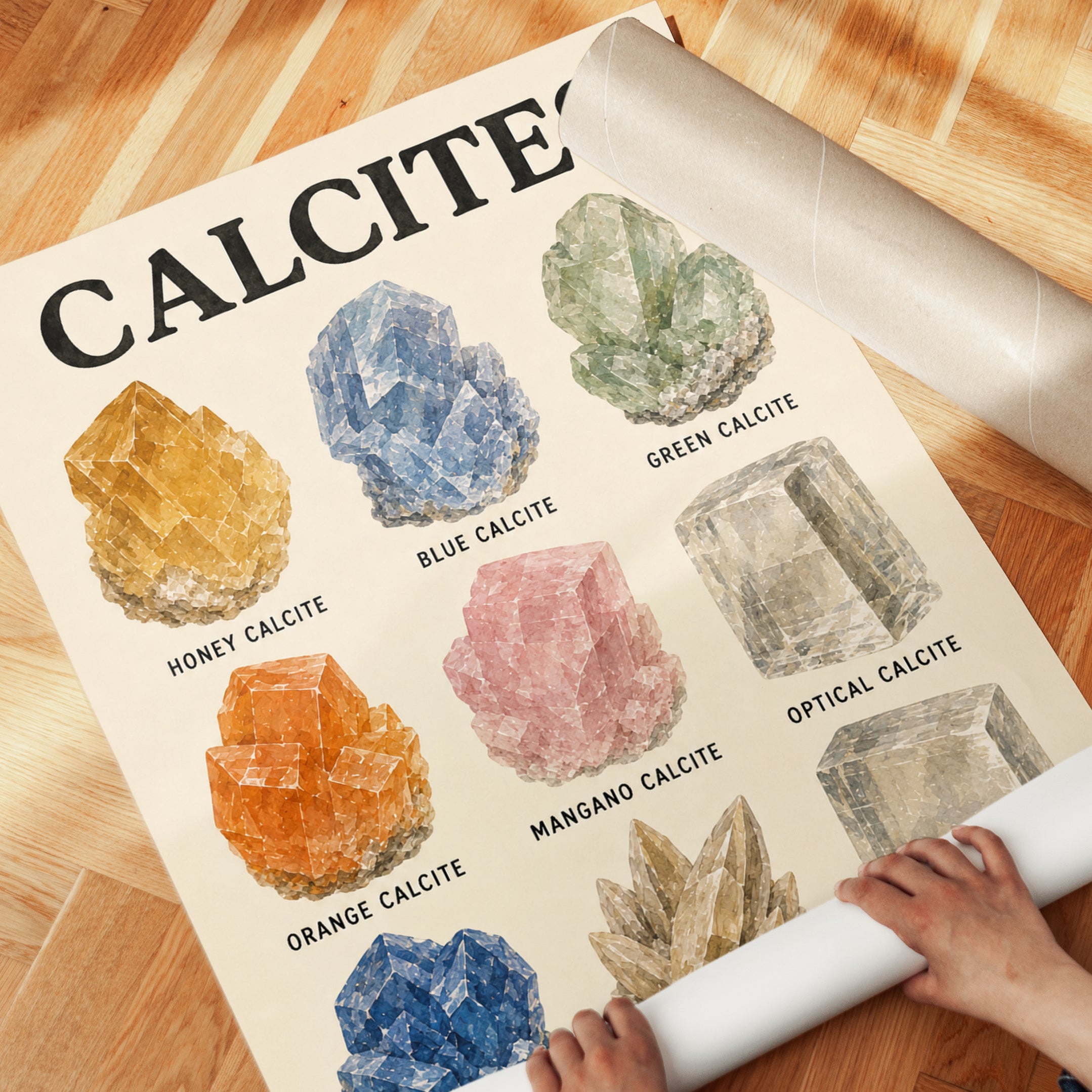 Calcites Educational Print — Watercolor Crystal Chart - detail