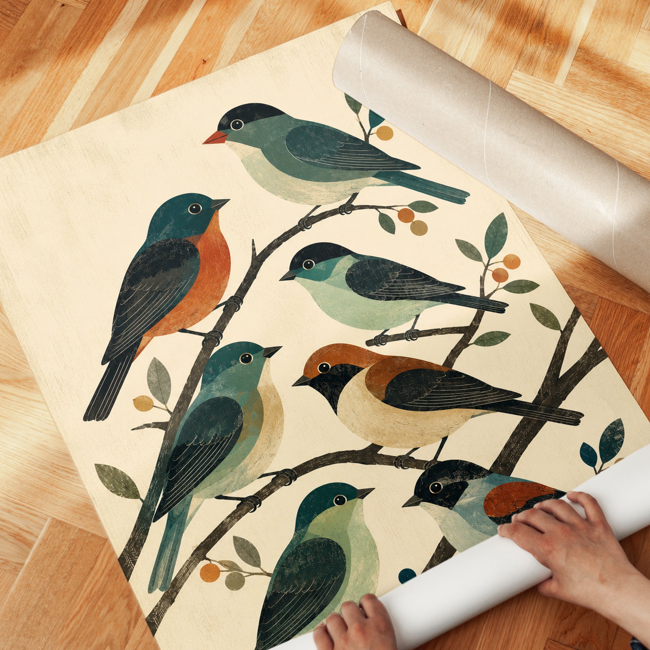 Vintage Bird Illustration Print — Folk Art Songbirds on Branches - detail