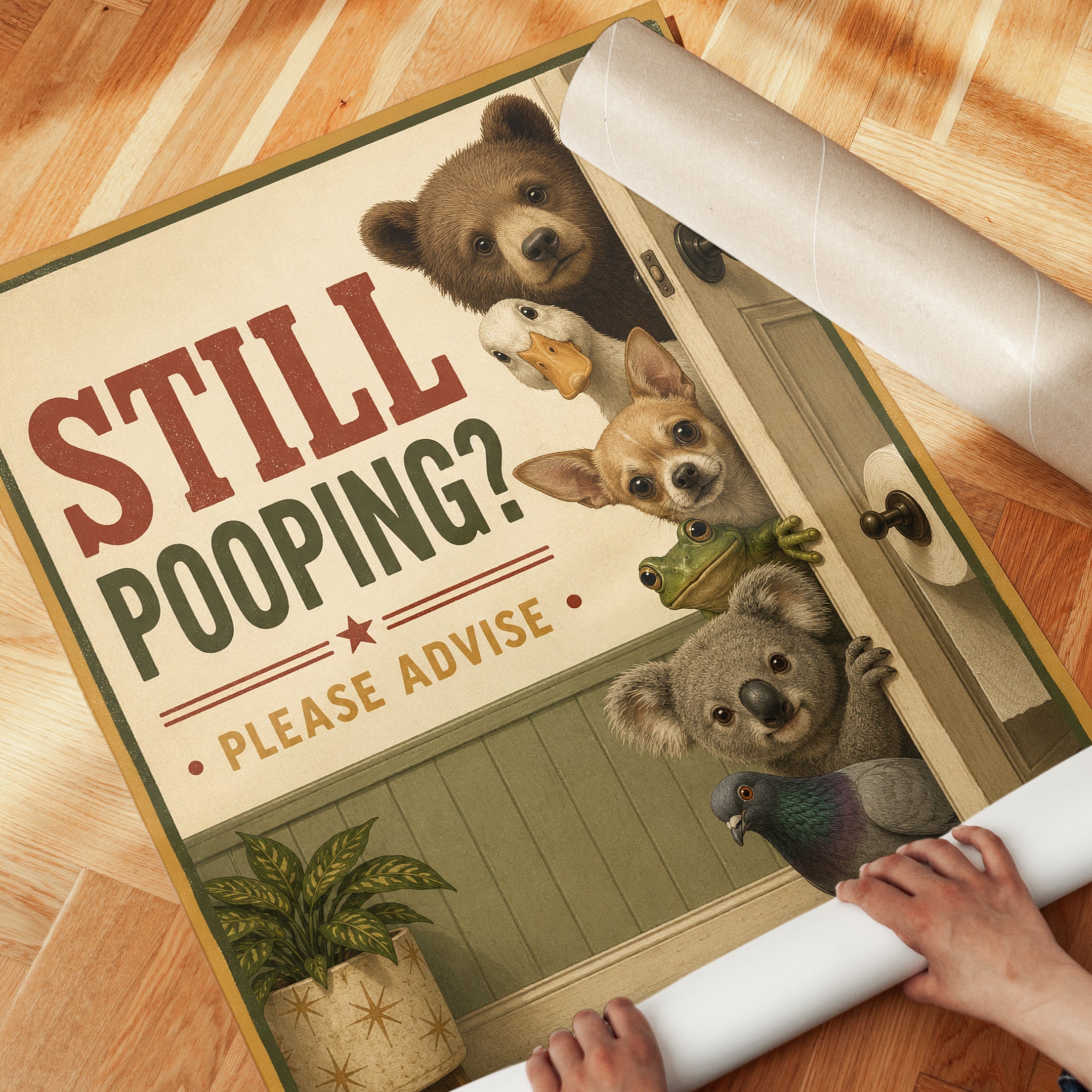 Still Pooping Bathroom Sign Print: Vintage Animals Humor Art - detail