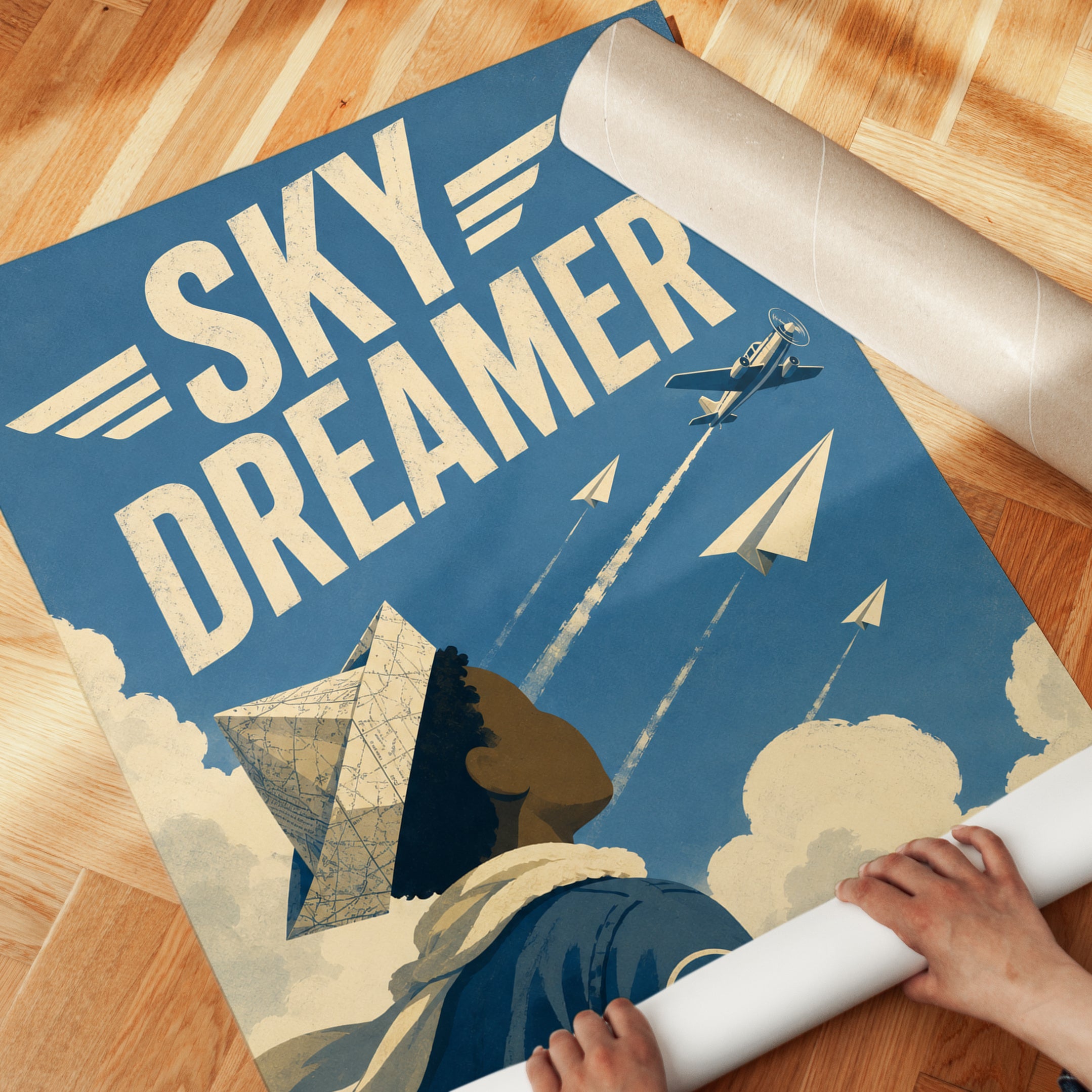 Sky Dreamer Aviation Poster: Retro Art Deco Blue Flight Design - detail