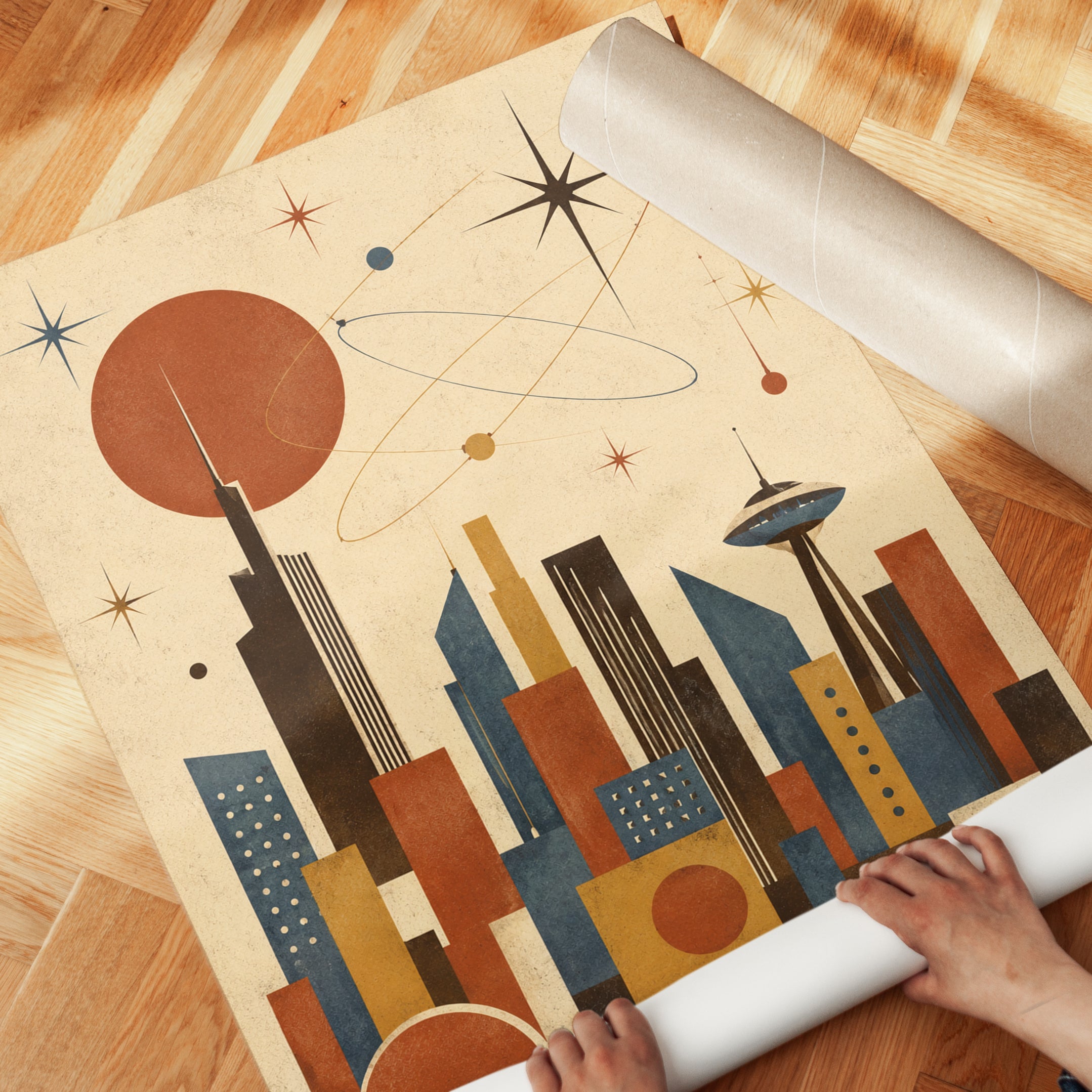 Retro Futuristic Cityscape Art Print: Mid-Century Modern Space Age - detail