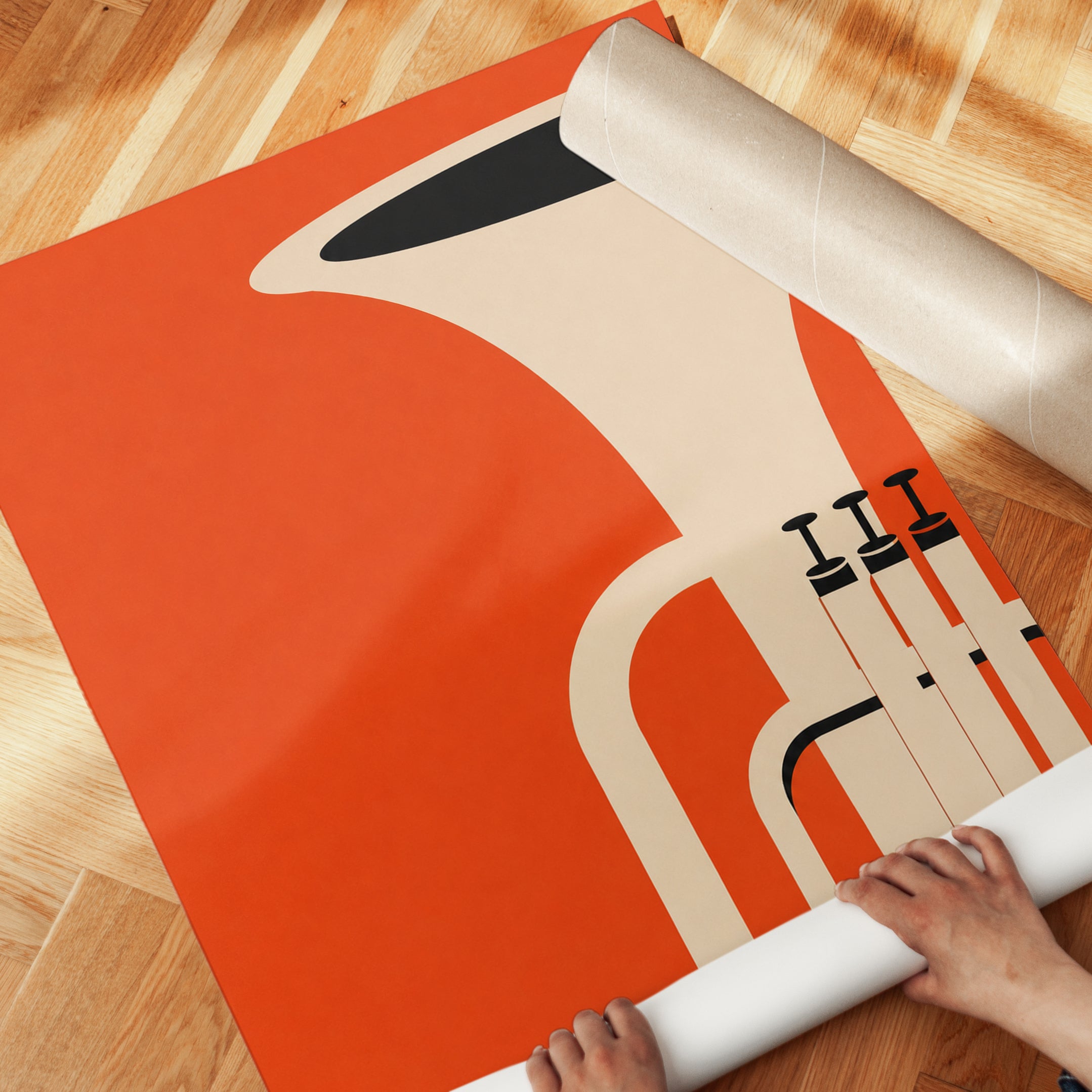 Vintage Trumpet Art Print: Minimalist Orange Modernist Design - detail