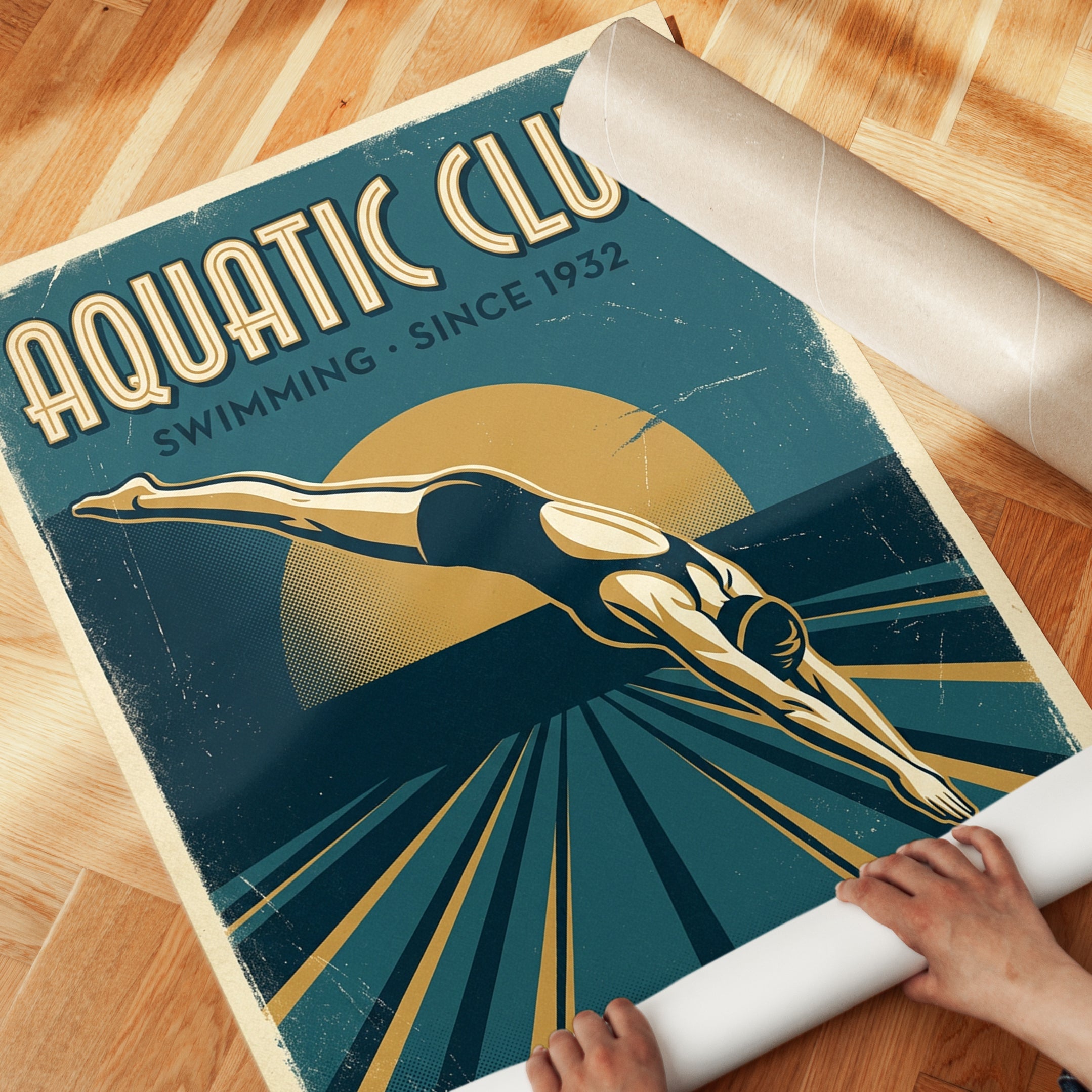 Aquatic Club Swimming Poster: Vintage Art Deco Diver Print - detail